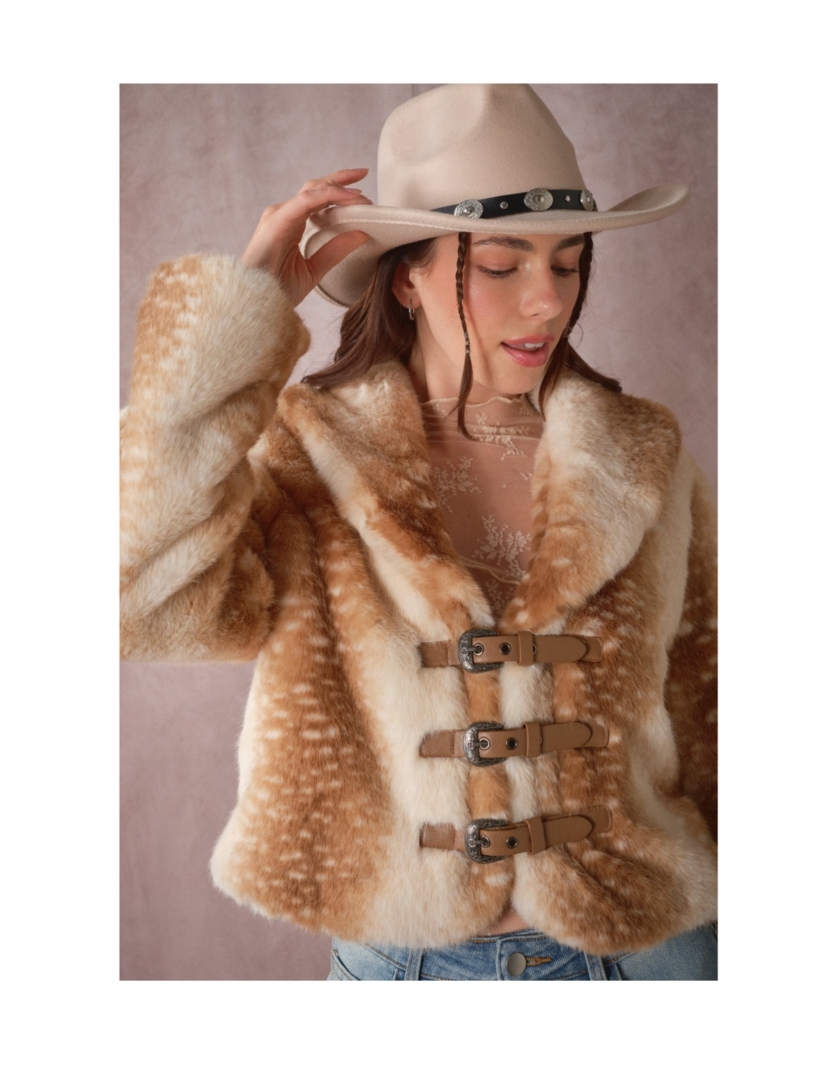 Buckled Deer Print Faux Fur Jacket - JACKETS