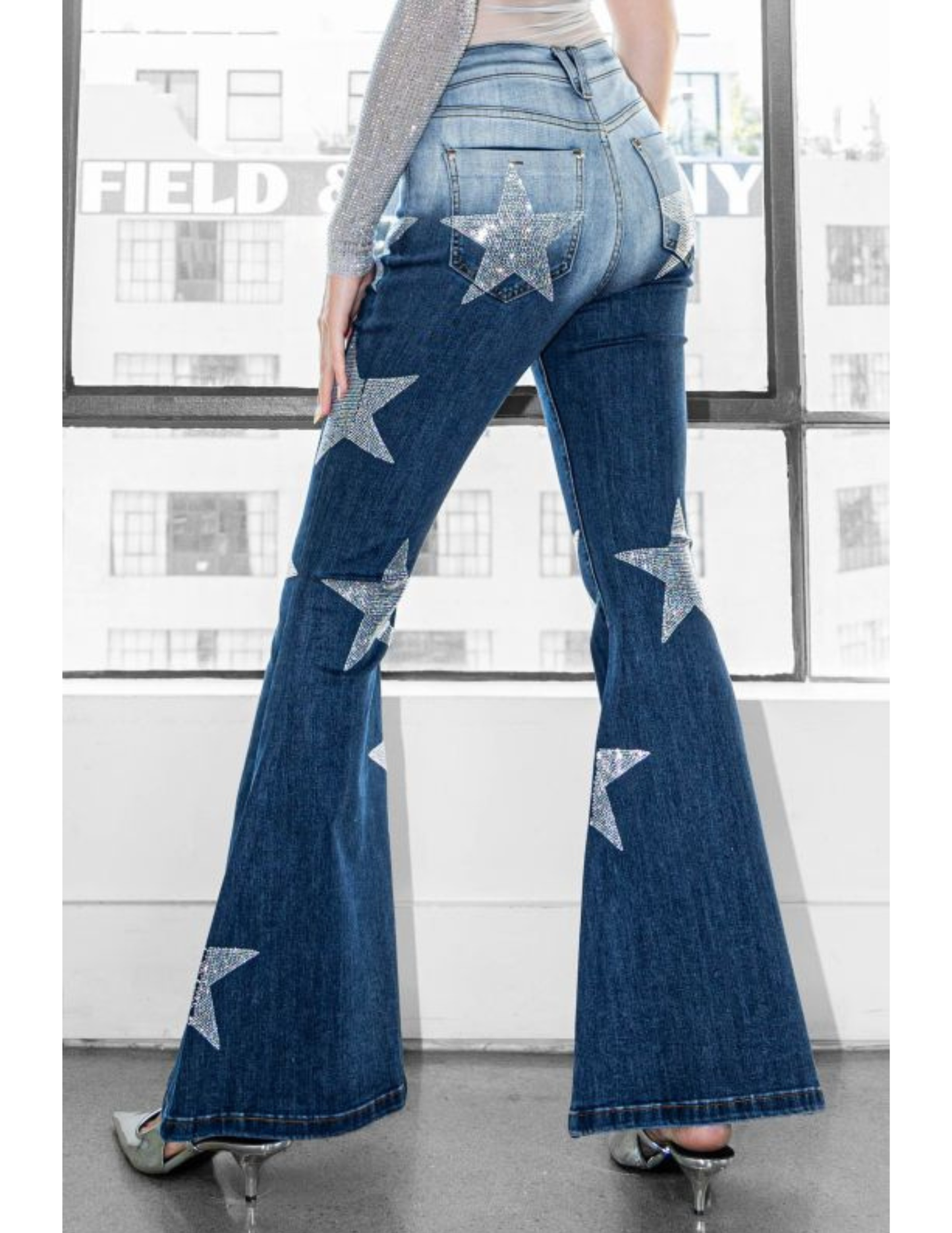 Rhinestone Star Bell Bottom Jeans - PANTS