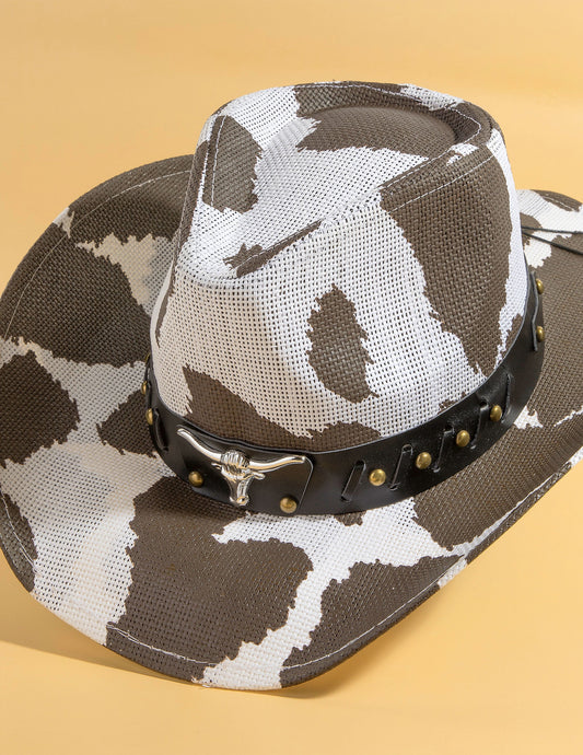 Cow Print Bull Head Strap Cowboy Hat - COWBOY