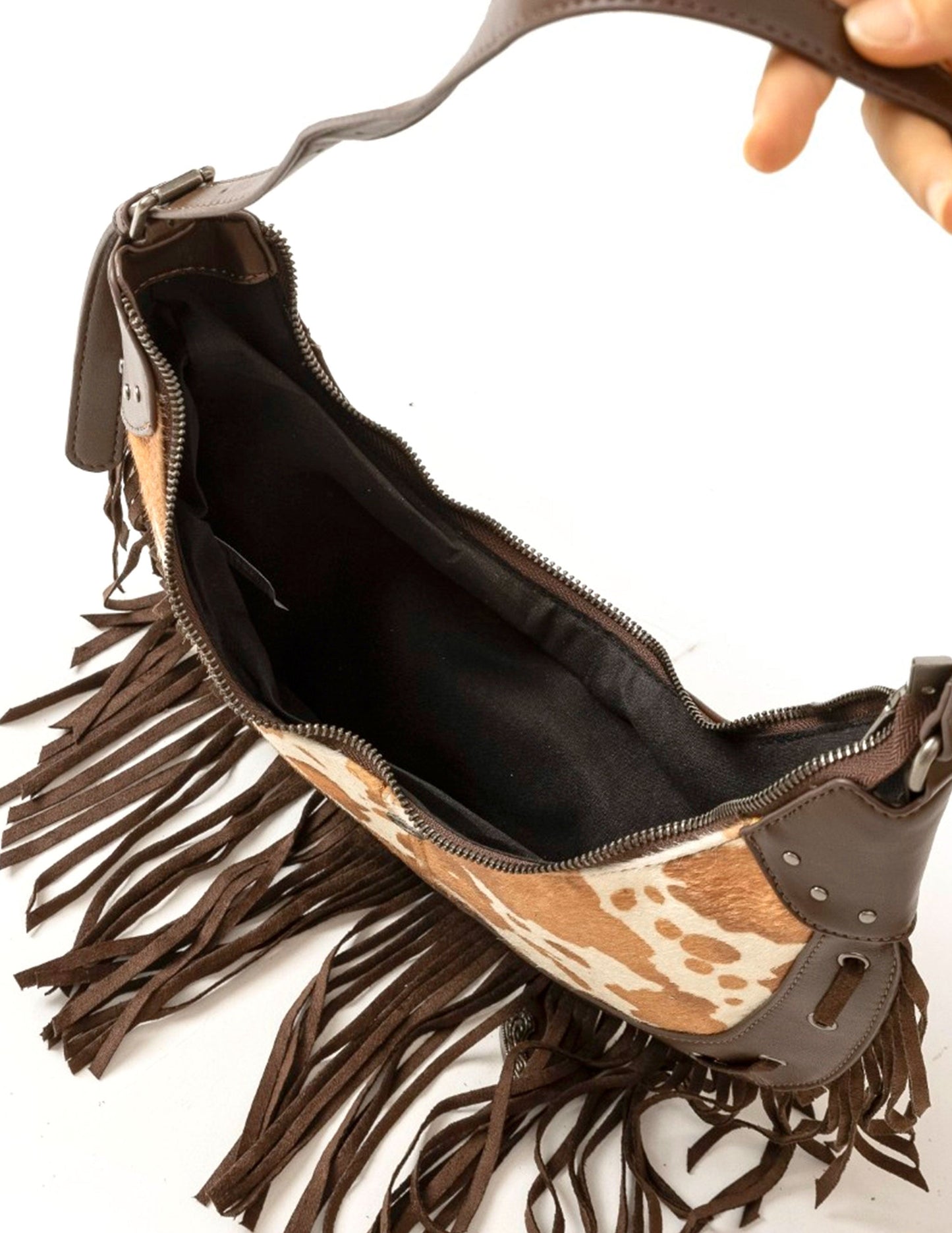 Cow Print Faux Leather Fringe Bag - HANDBAGS