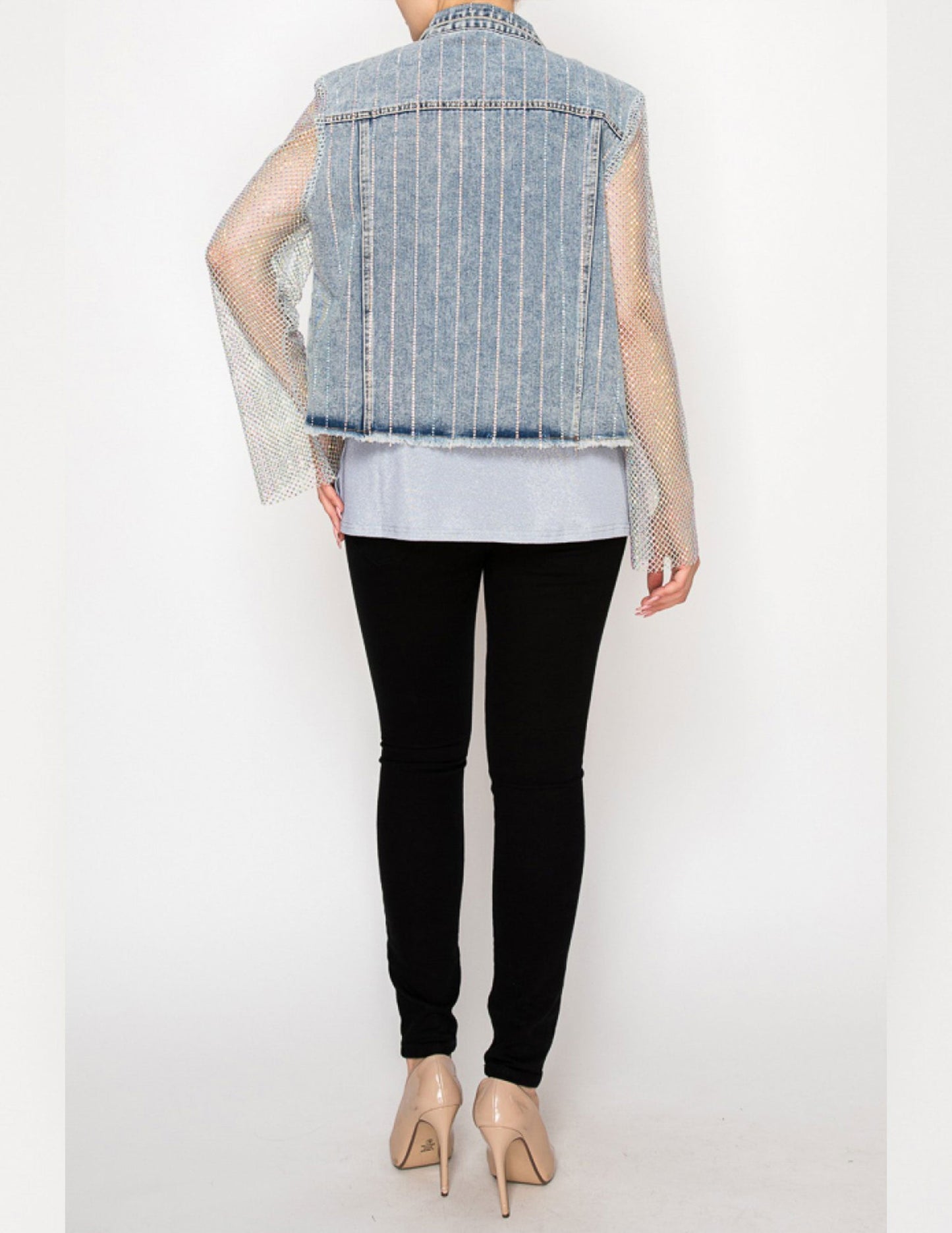 Denim Jacket with Mesh Stone Sleeves - JACKETS