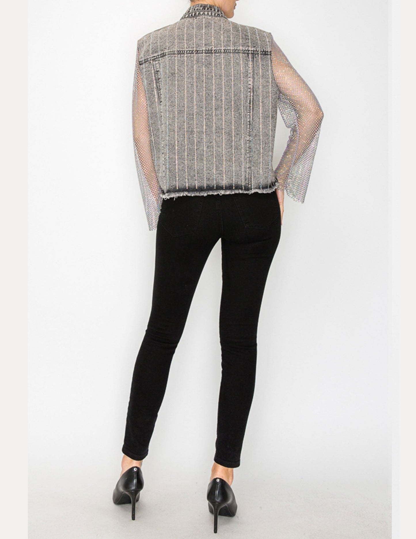 Denim Jacket with Mesh Stone Sleeves - JACKETS
