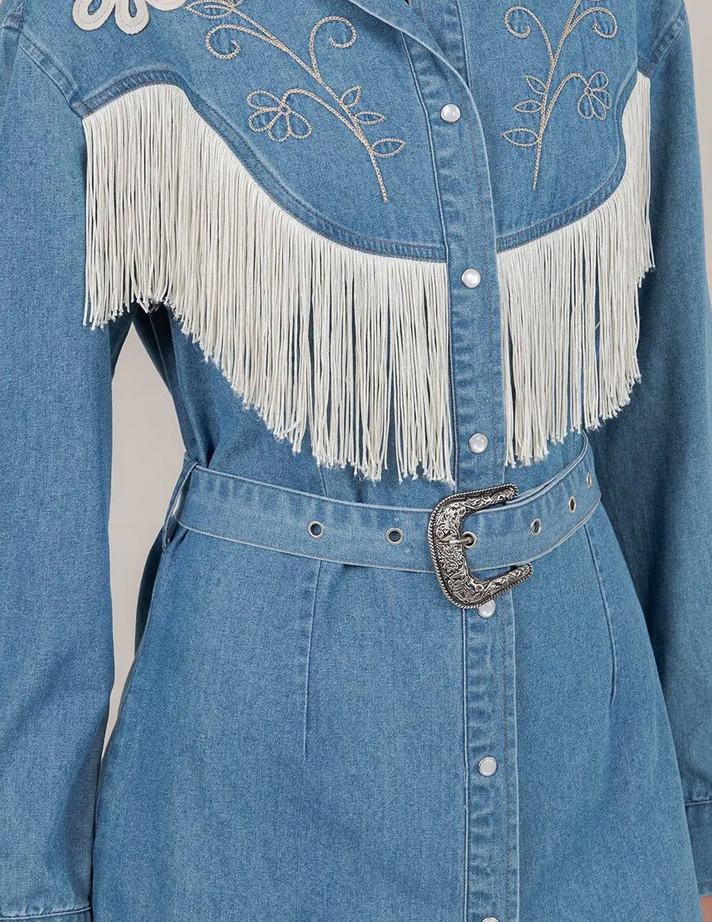 Embroidered Fringe Denim Dress - DRESSES Item Subclass
