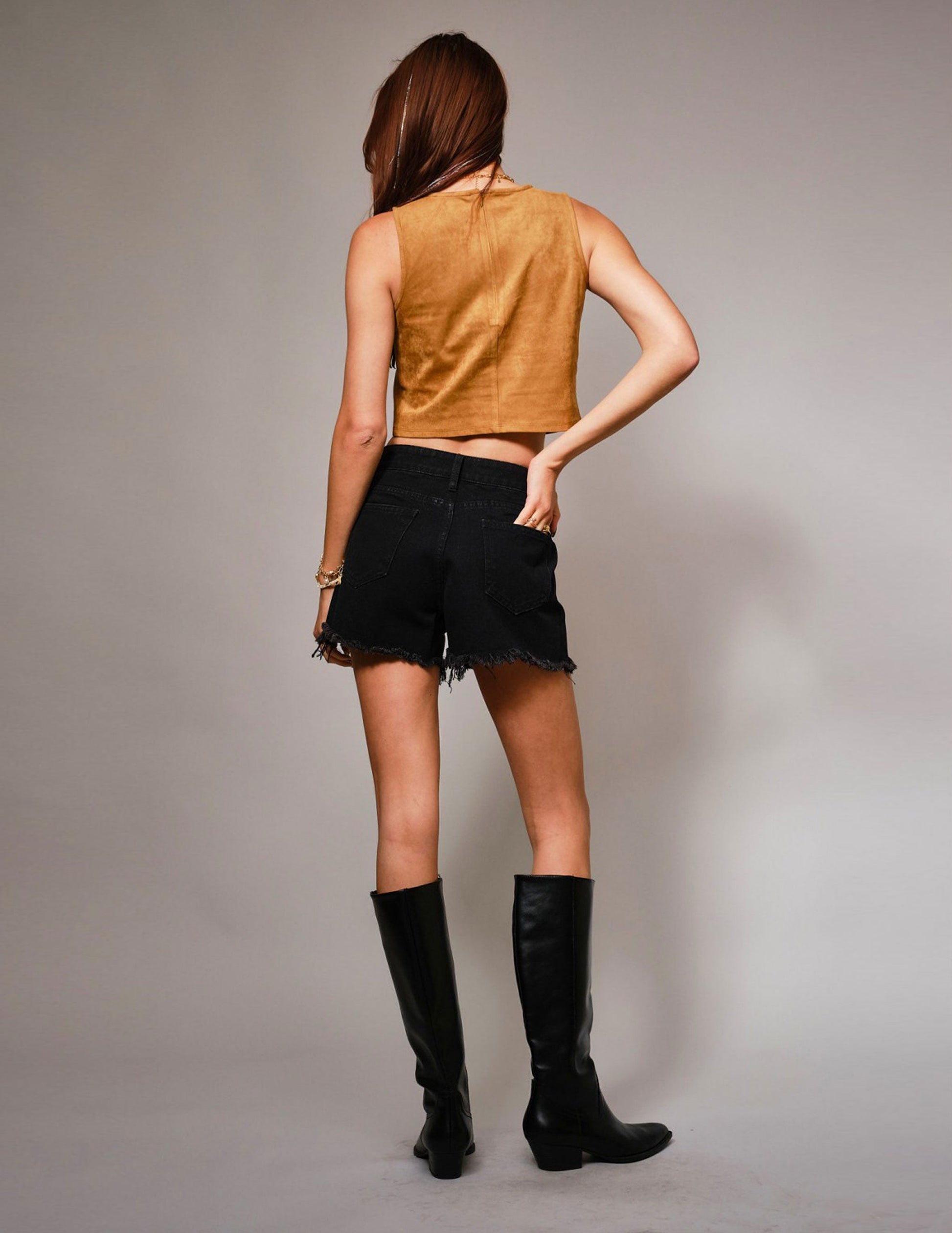 Faux Suede Fringe Crop Tank - SLEEVELESS