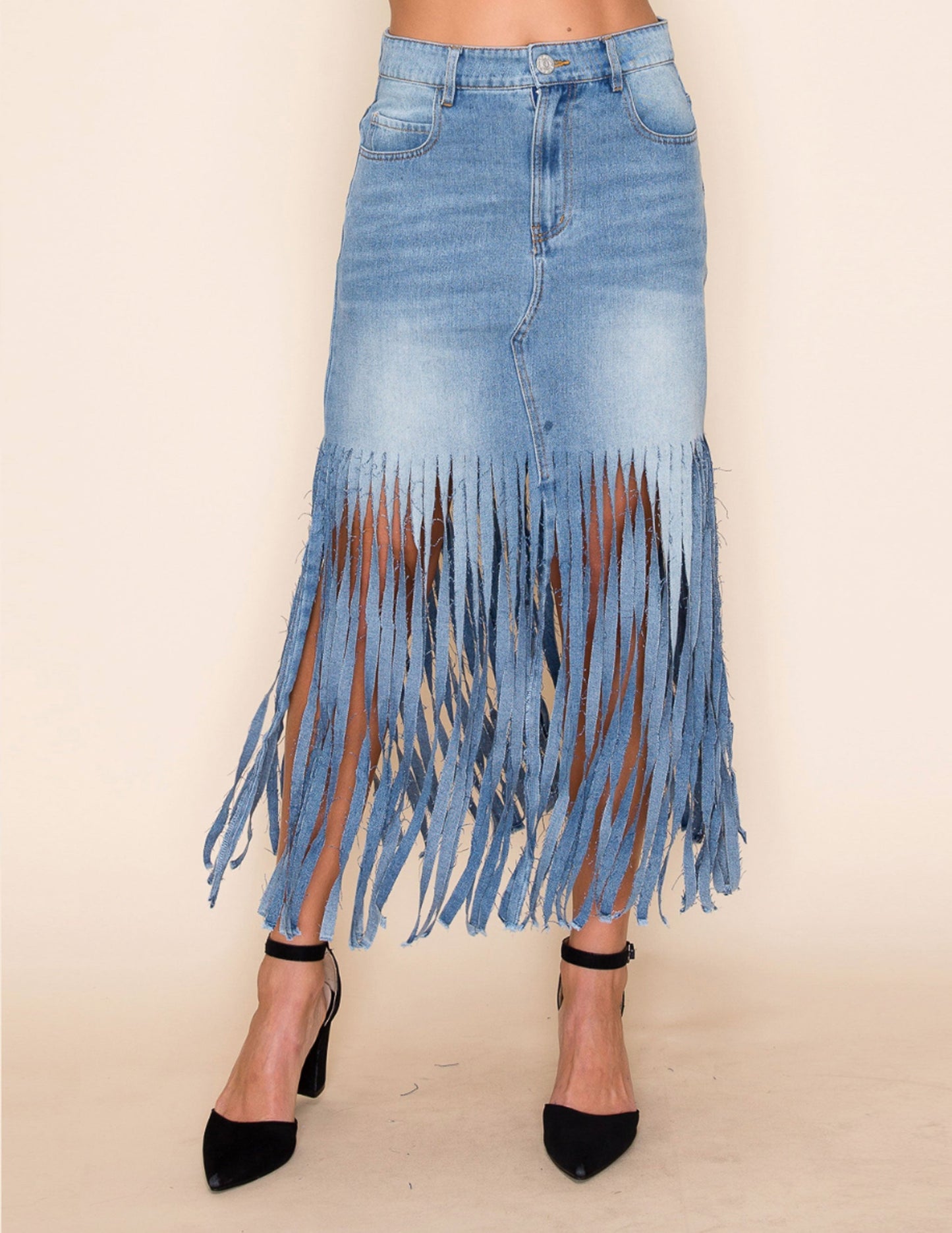 Fringe Midi Skirt Medium Wash Denim - SKIRTS