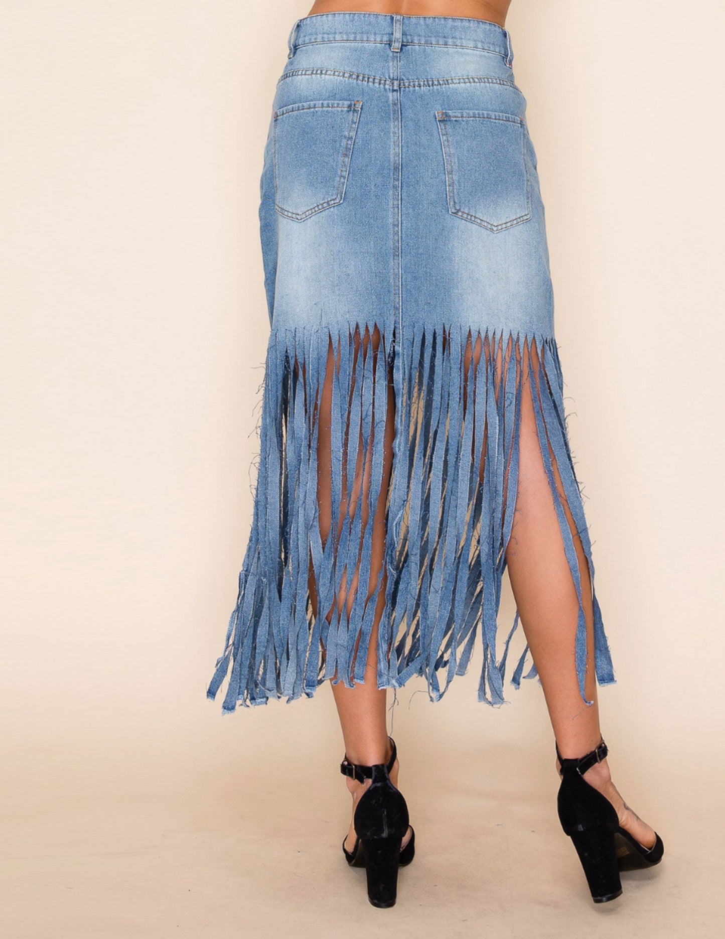 Fringe Midi Skirt Medium Wash Denim - SKIRTS
