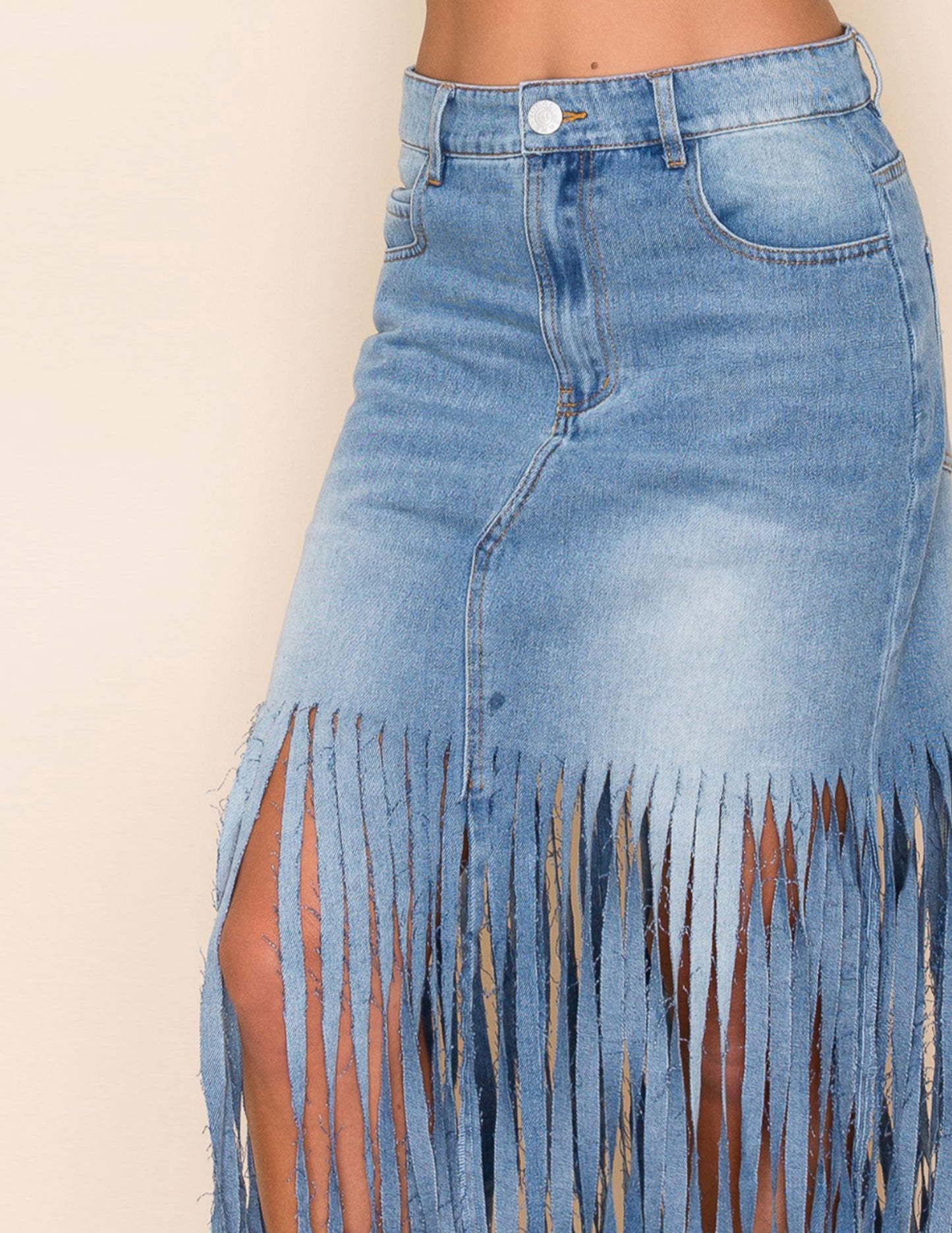 Fringe Midi Skirt Medium Wash Denim - SKIRTS