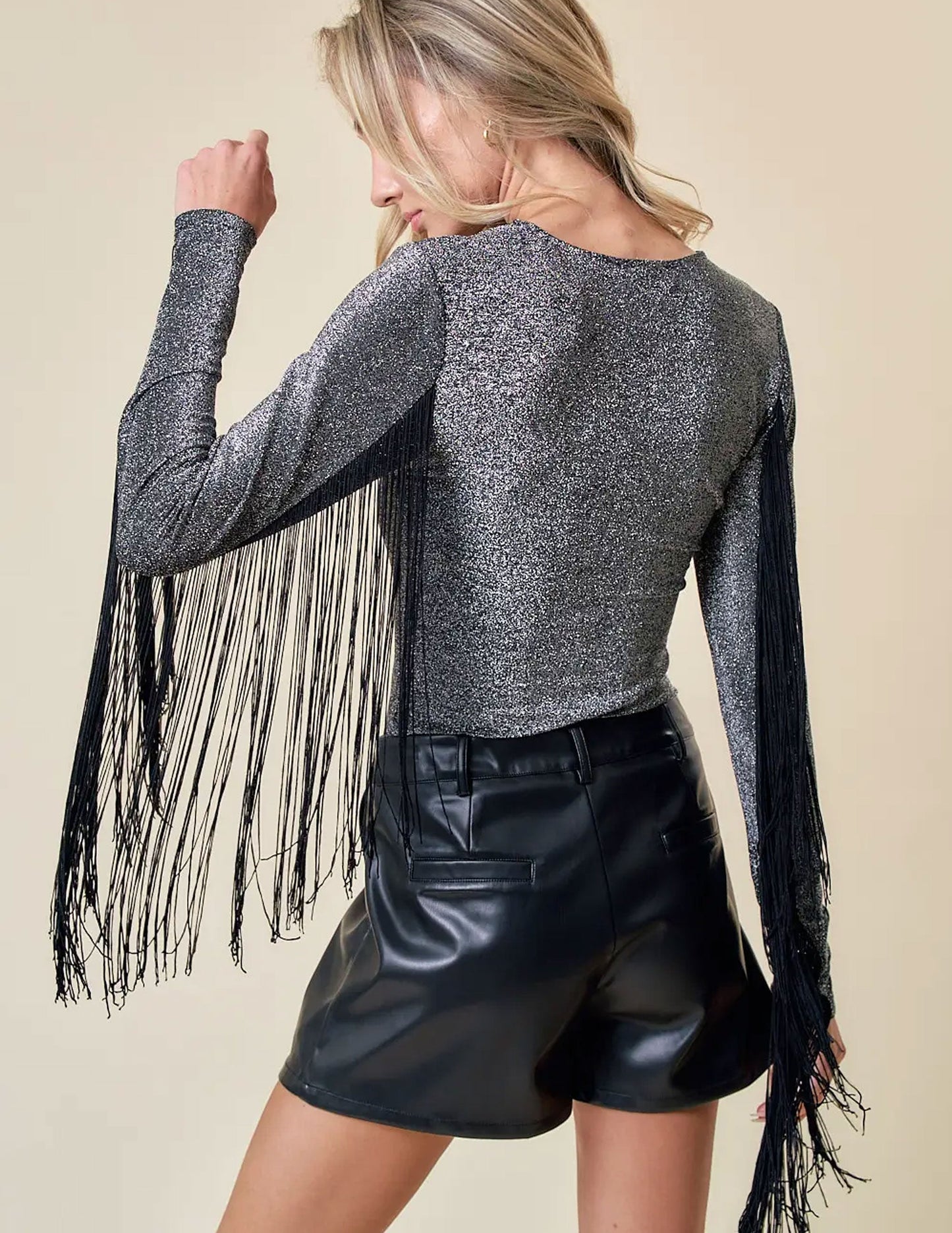 Fringed Silver Glitter Mesh Bodysuit - BODYSUITS