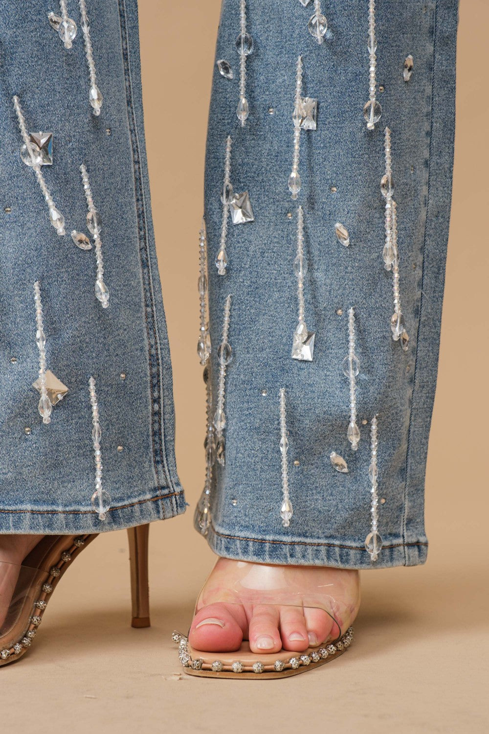 High Waisted Clear Jewel Drop Embellished Jeans - PANTS