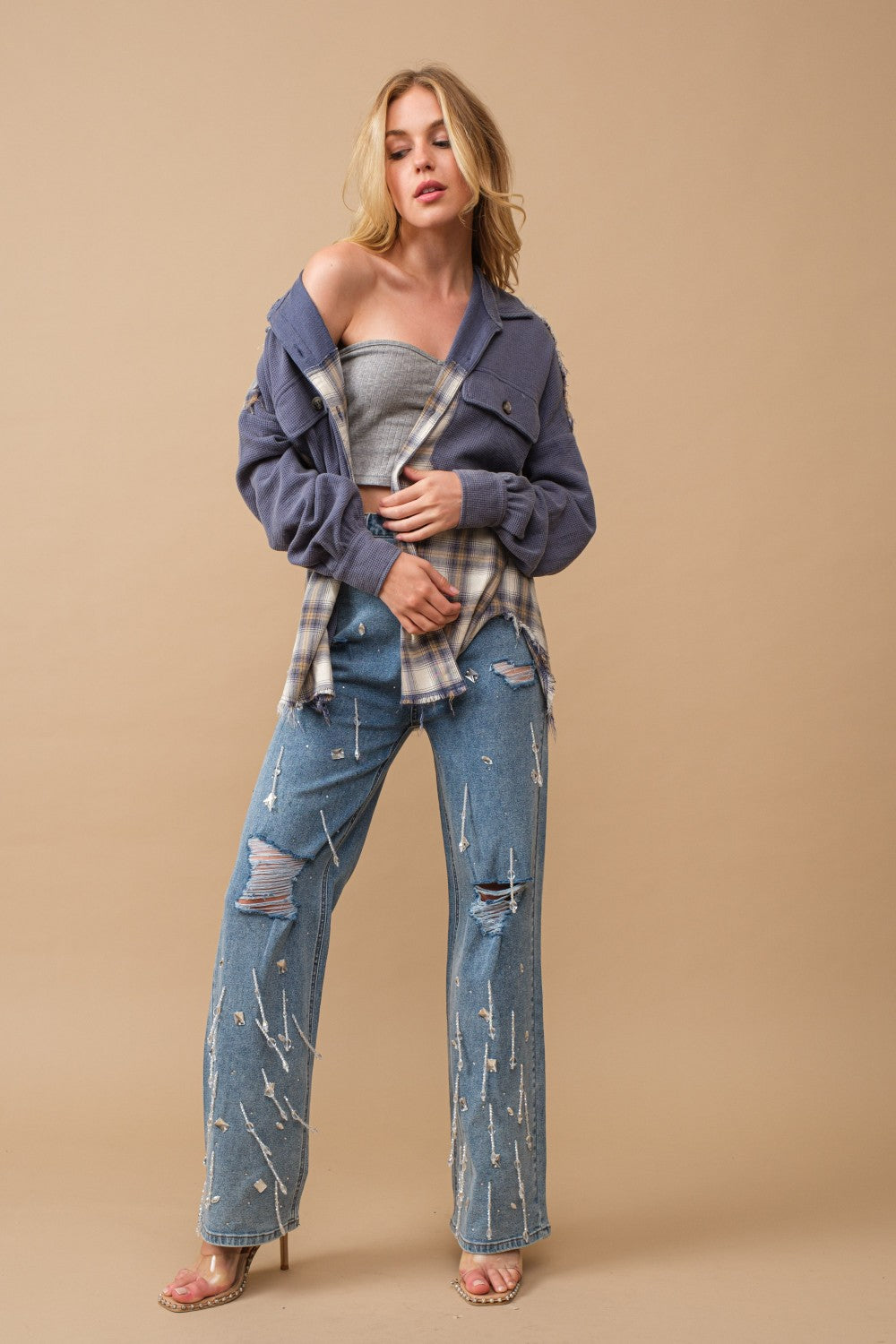 High Waisted Clear Jewel Drop Embellished Jeans - PANTS