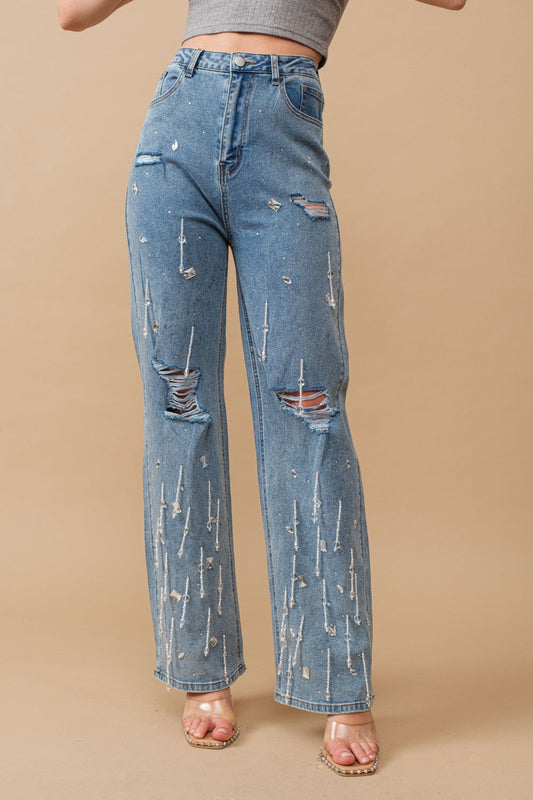High Waisted Clear Jewel Drop Embellished Jeans - PANTS