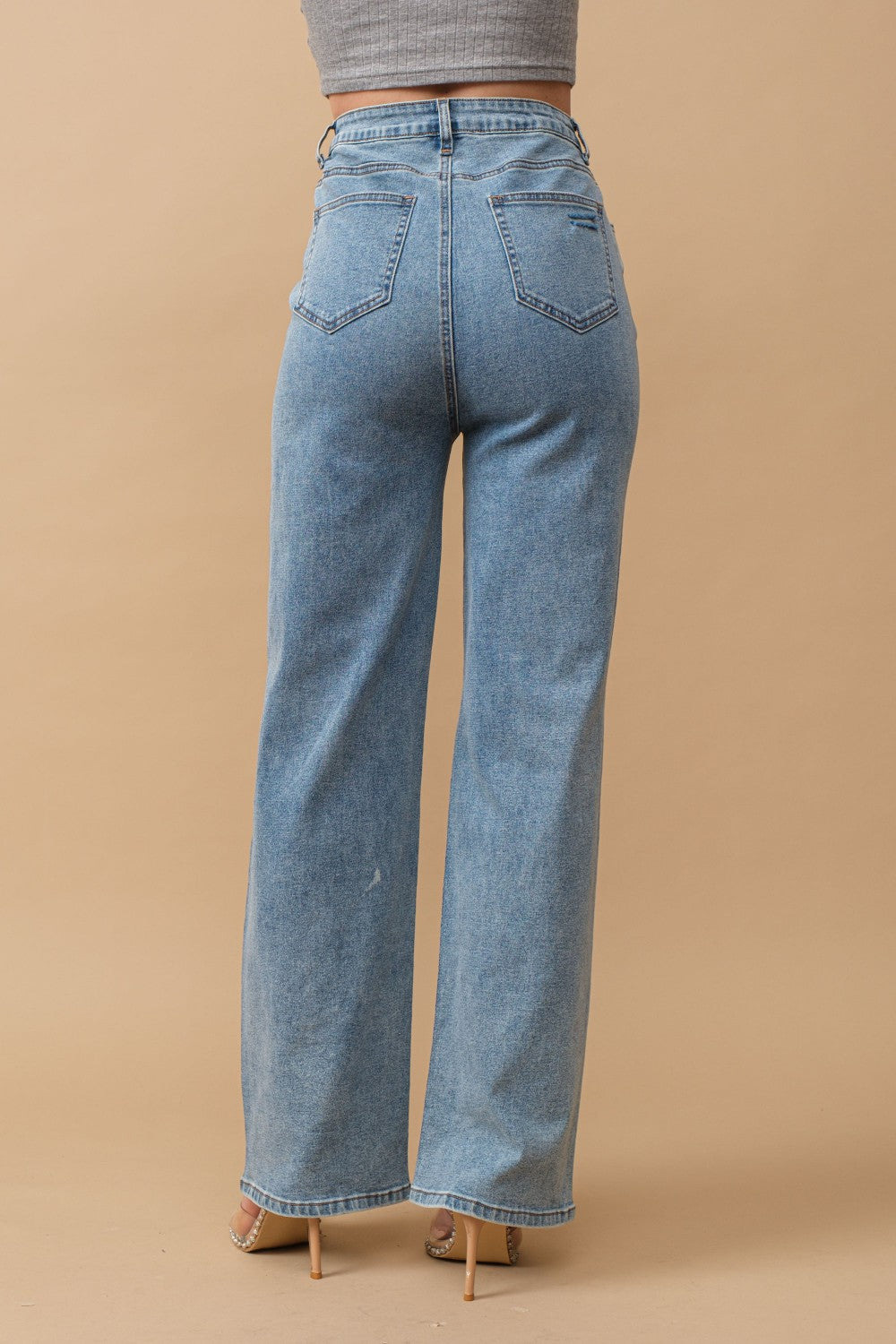 High Waisted Clear Jewel Drop Embellished Jeans - PANTS