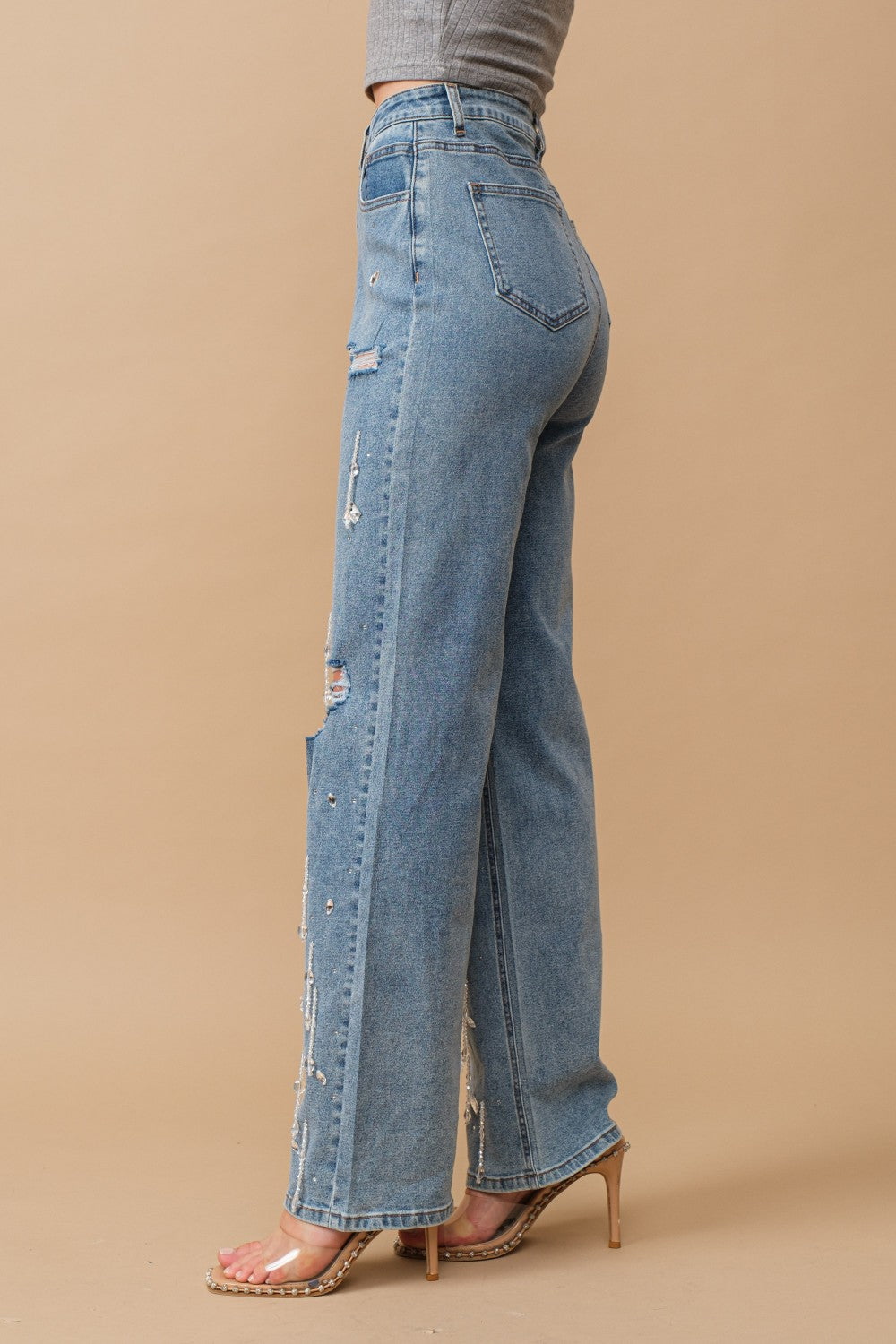 High Waisted Clear Jewel Drop Embellished Jeans - PANTS