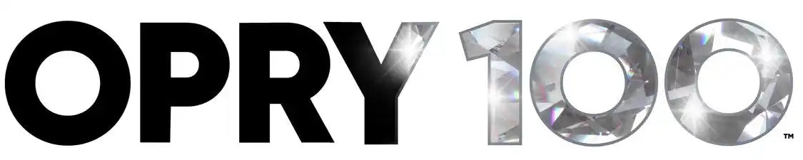 A logo for ’OPRY 100’’ with ’OPRY’ in black text and ’100’’ in shiny, metallic, multifaceted text.
