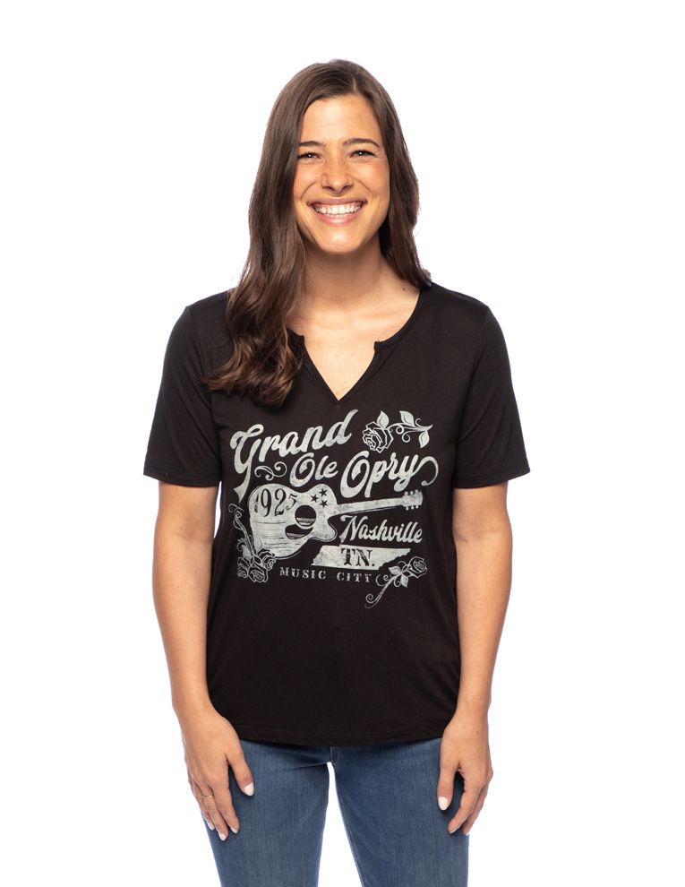 Opry Guitar Rose V-Neck T-Shirt - BLACK / 2XL - S/S
