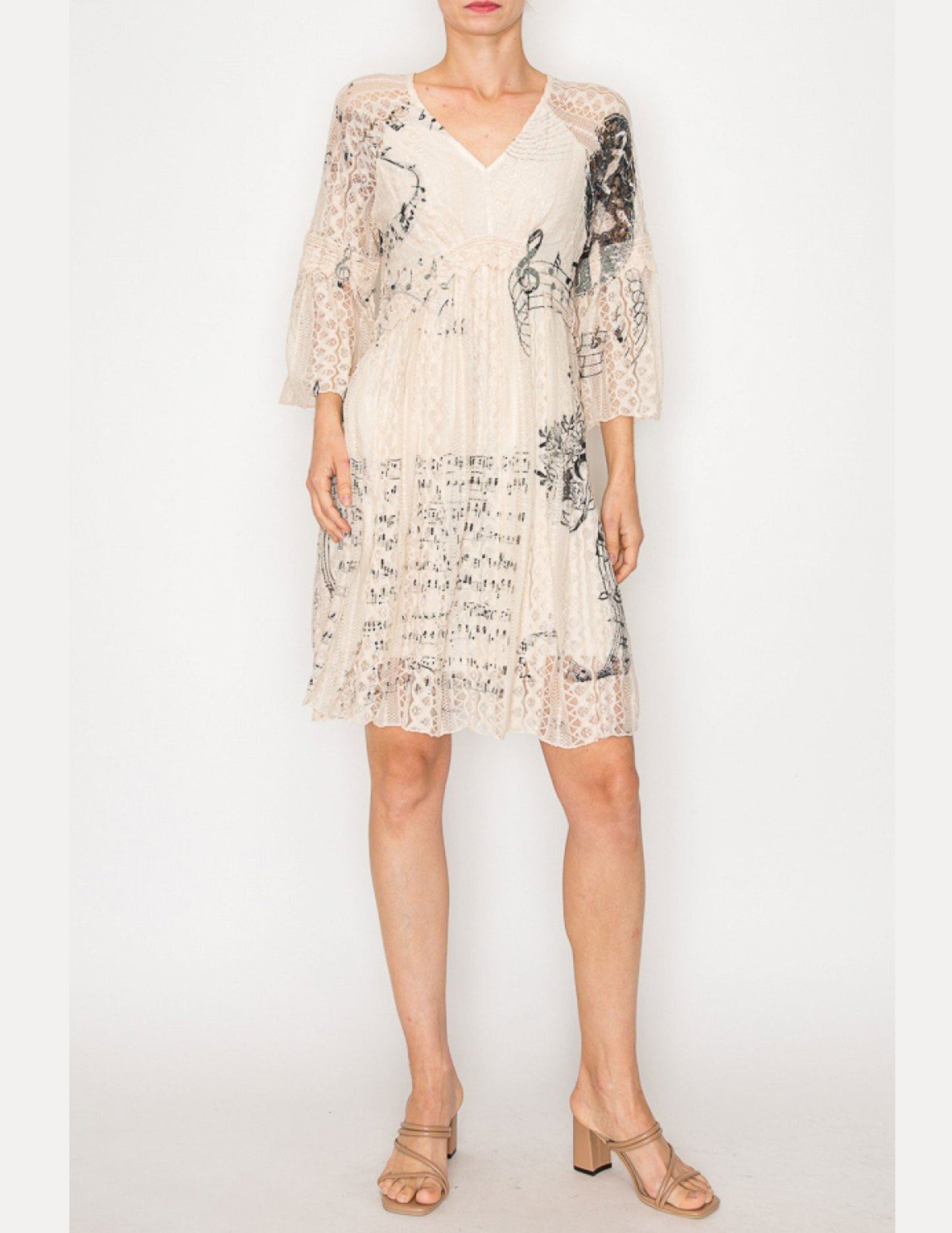 Printed Lace Long Sleeve Dress - DRESSES Item Subclass