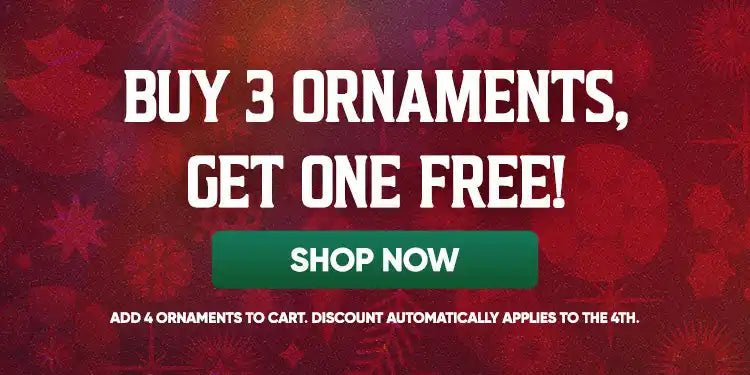 A promotional banner for a ’buy 3, get 1 free’ ornament sale.