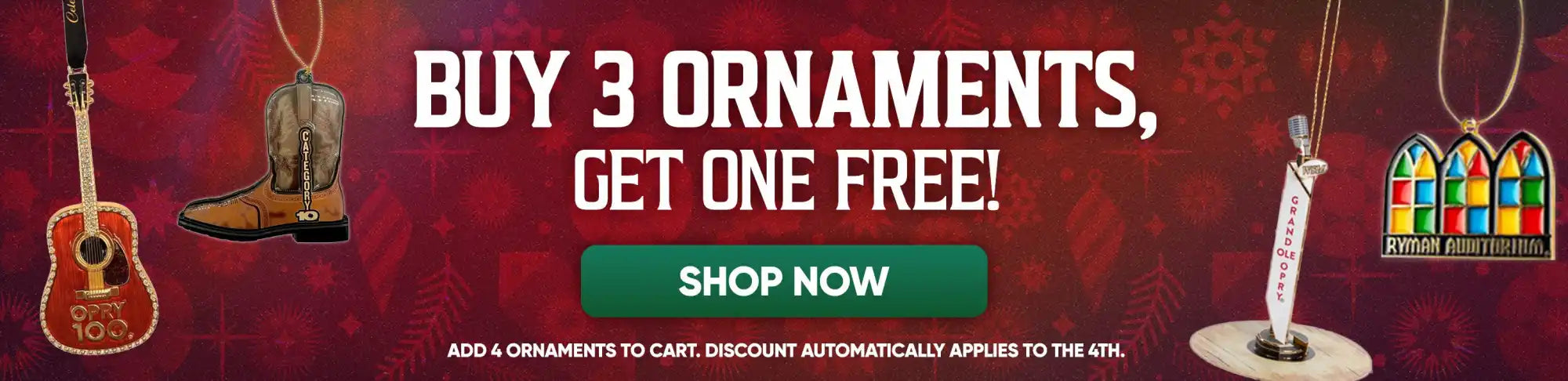 A promotional banner for a ’Buy 3, Get 1 Free’ ornament sale, featuring a guitar, a cowboy boot, a microphone, and a stained-glass window ornament.