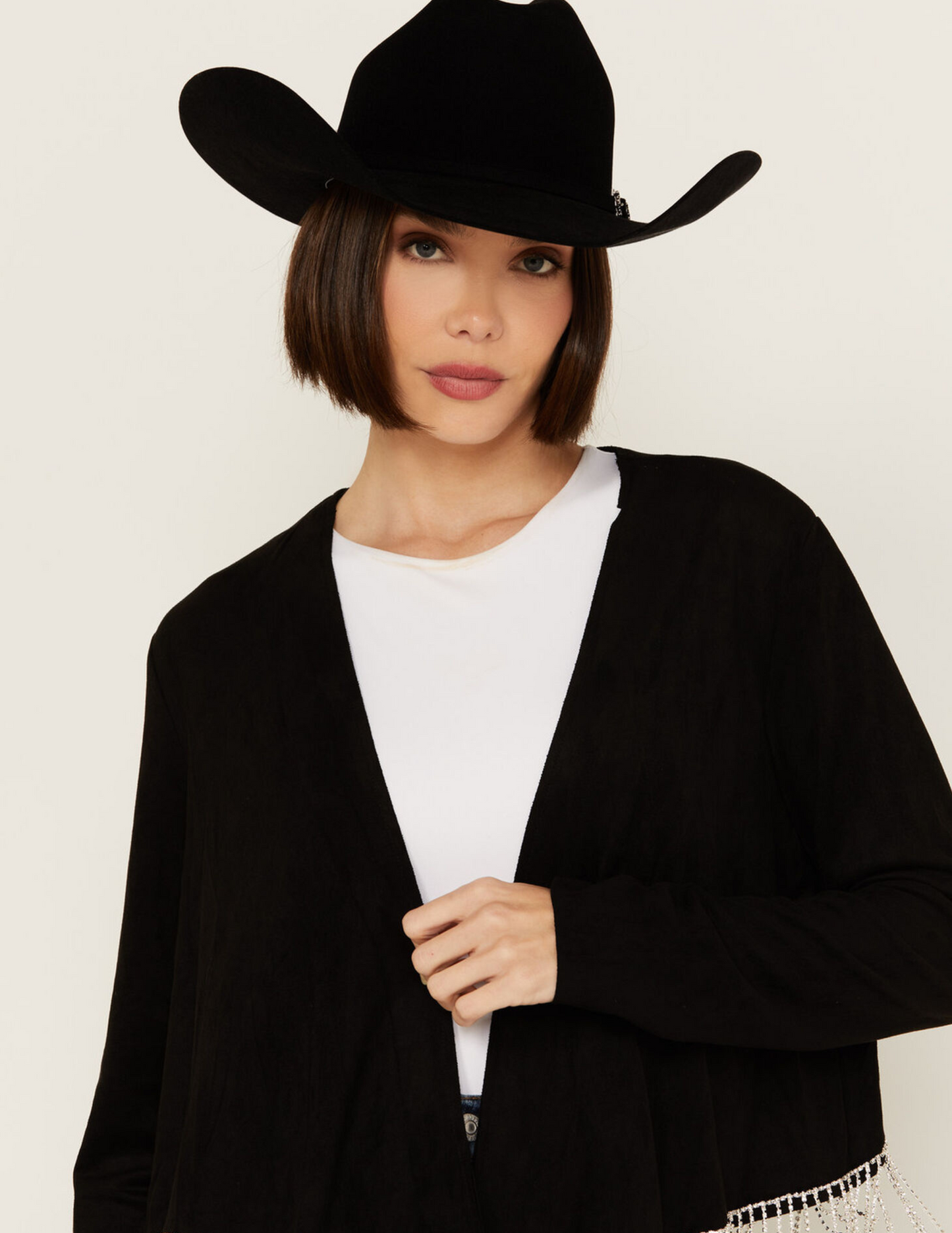 Rhinestone Fringe Suede Jacket - OUTERWEAR