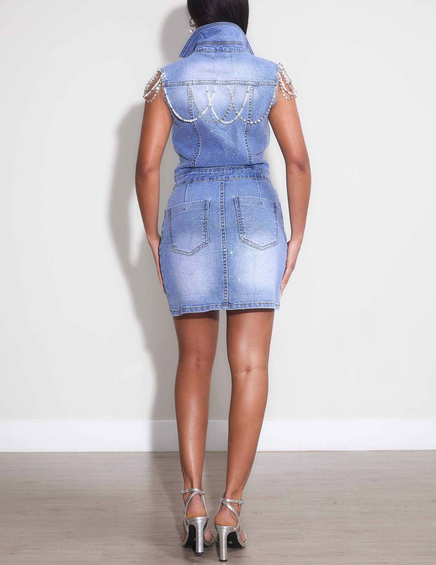 Rhinestone & Pearl Sleevless Denim Dress - DRESSES Item Subclass