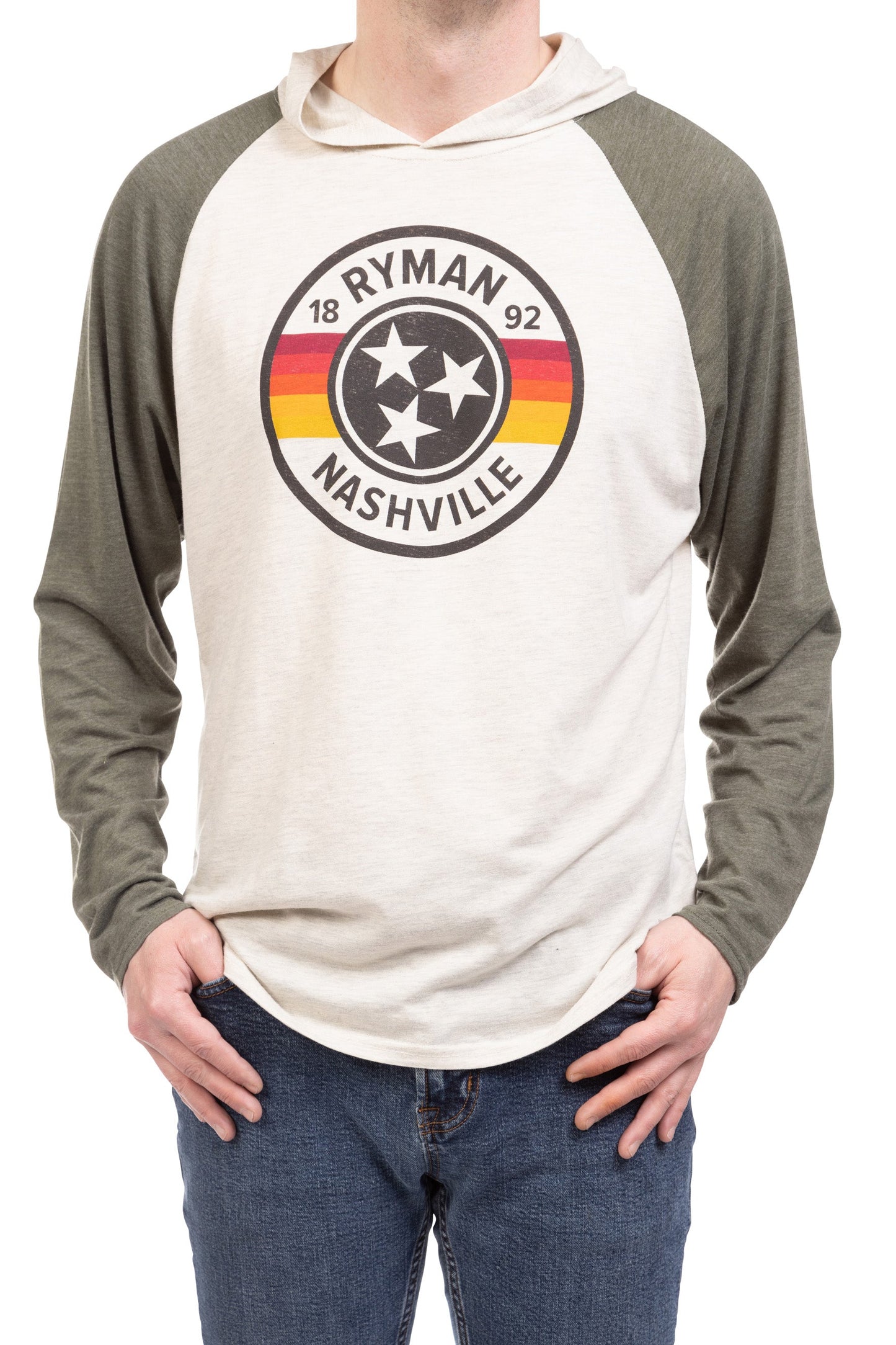 Ryman Retro Stripes Raglan Hoodie - GREEN / SM - FLEECE