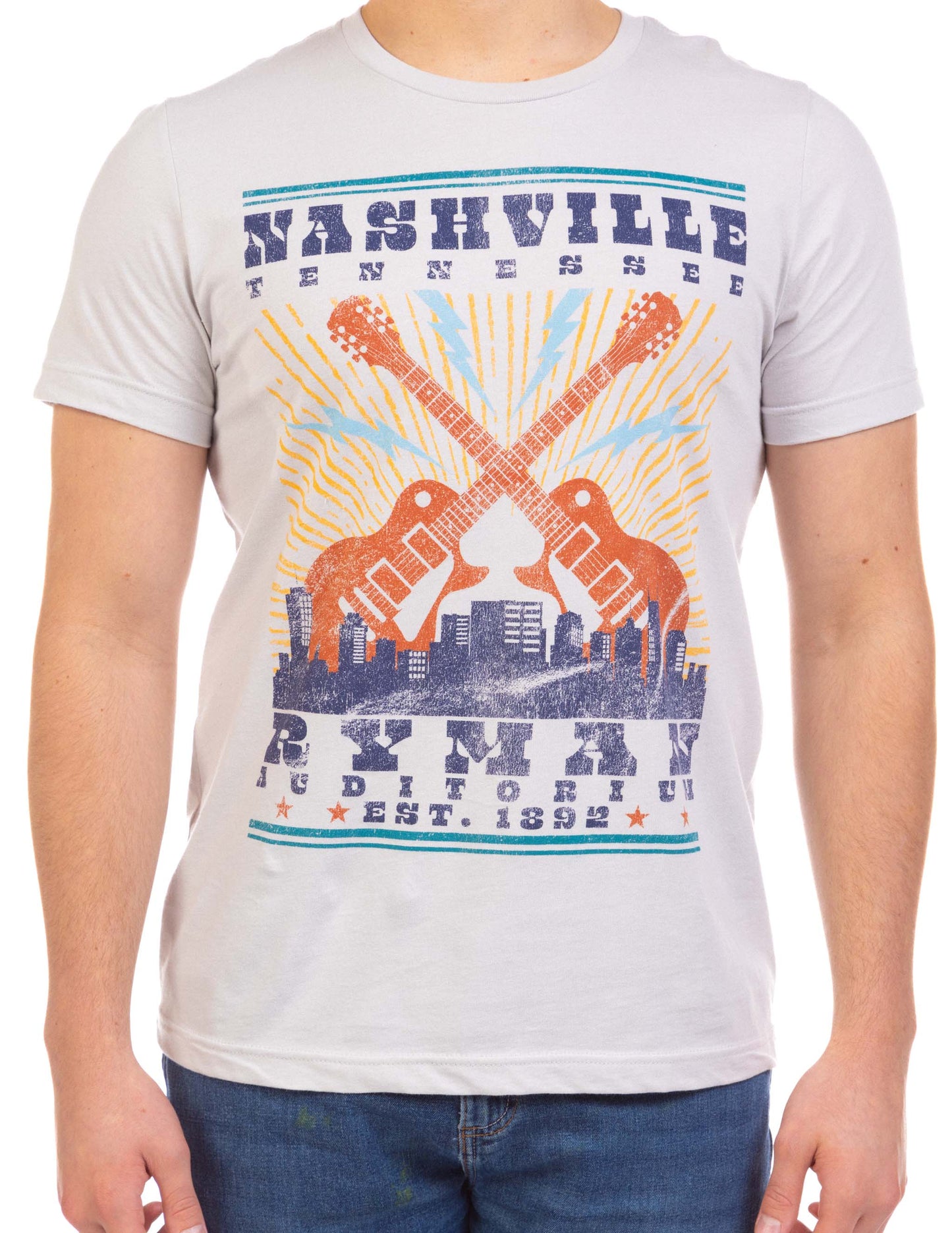 Ryman Skyline Crossed Guitars T-Shirt - SILVER / SM - S/S