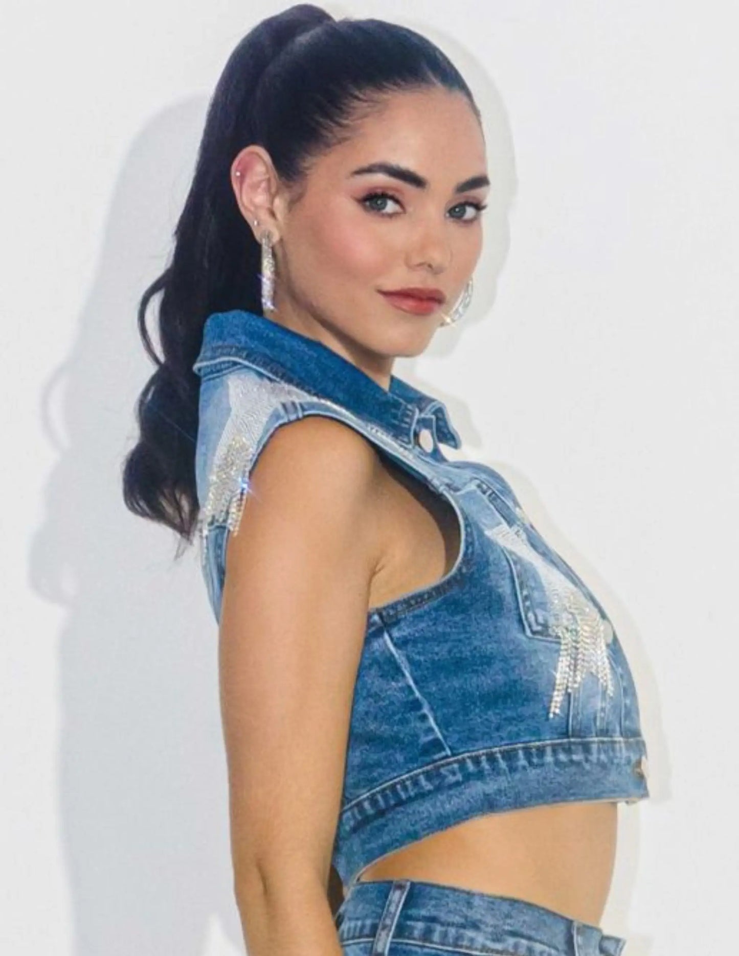 Sleevless Rhinestone Star & Fringe Denim Trucker Vest - VESTS