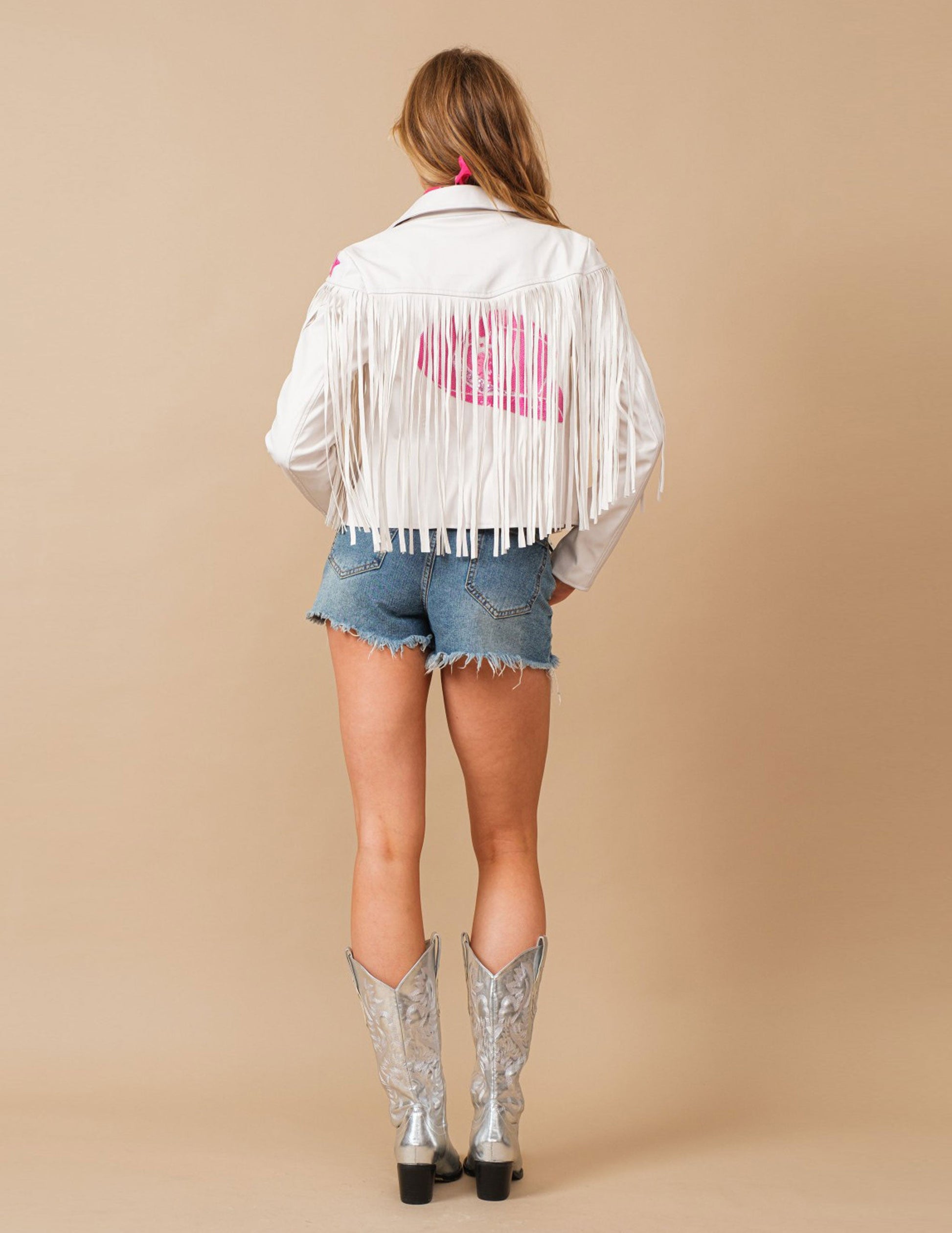 Star Sequin Fringe Faux Leather Jacket - JACKETS