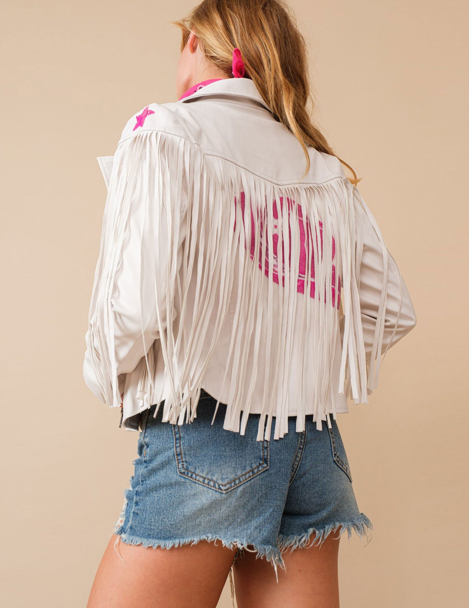 Star Sequin Fringe Faux Leather Jacket - JACKETS