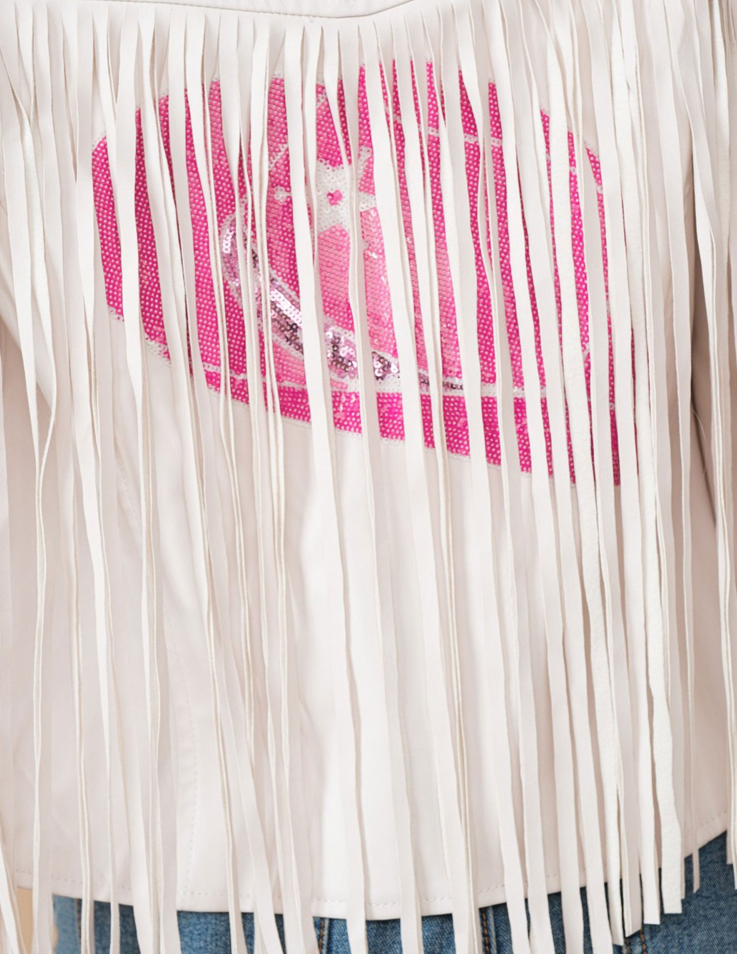 Star Sequin Fringe Faux Leather Jacket - JACKETS