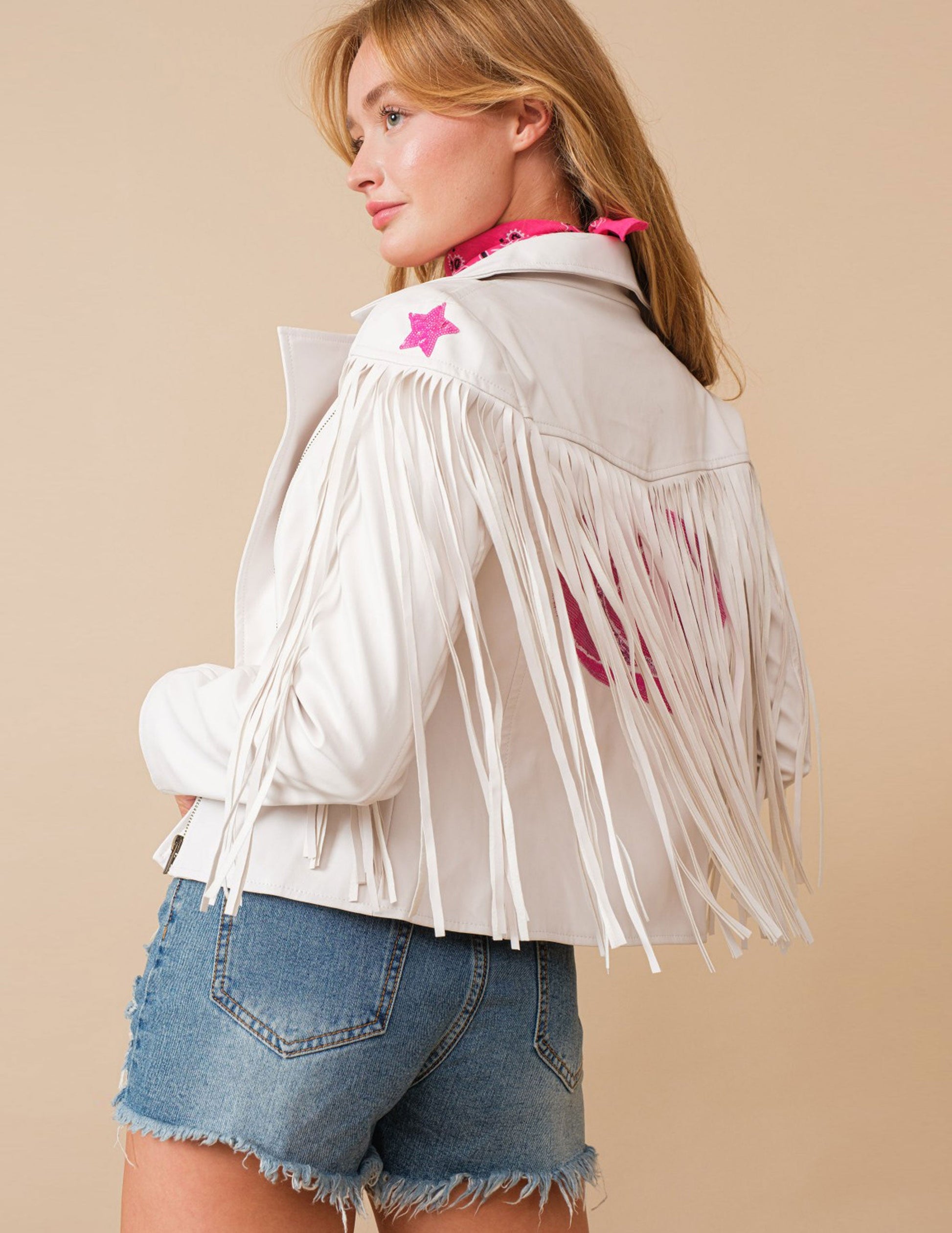 Star Sequin Fringe Faux Leather Jacket - JACKETS