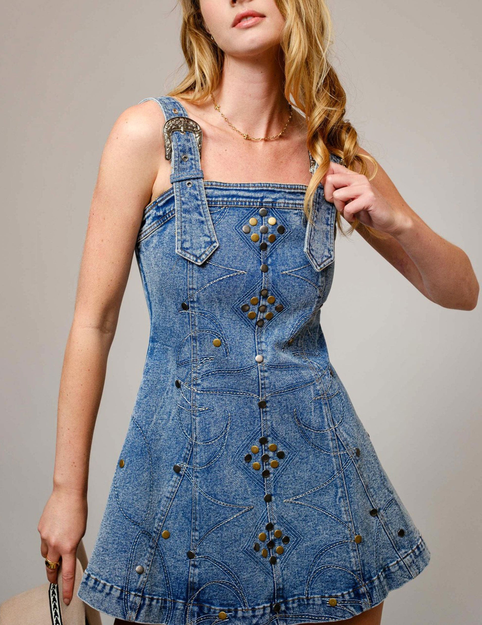 Studded Western Buckle Stretch Denim Dress - DRESSES Item Subclass