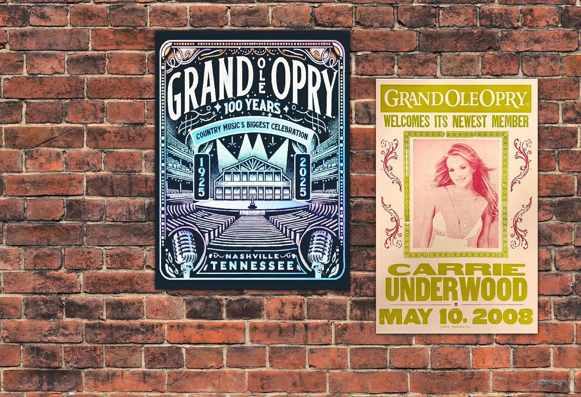 Two Grand Ole Opry posters on a brick wall.