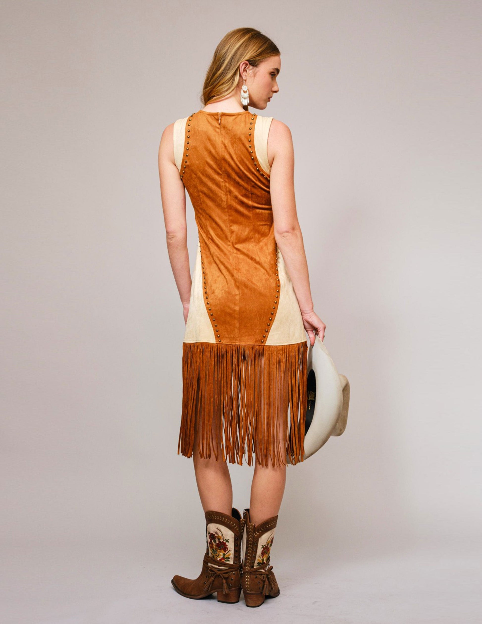 Two Tone Suede Studded Fringe Midi Dress - DRESSES Item Subclass