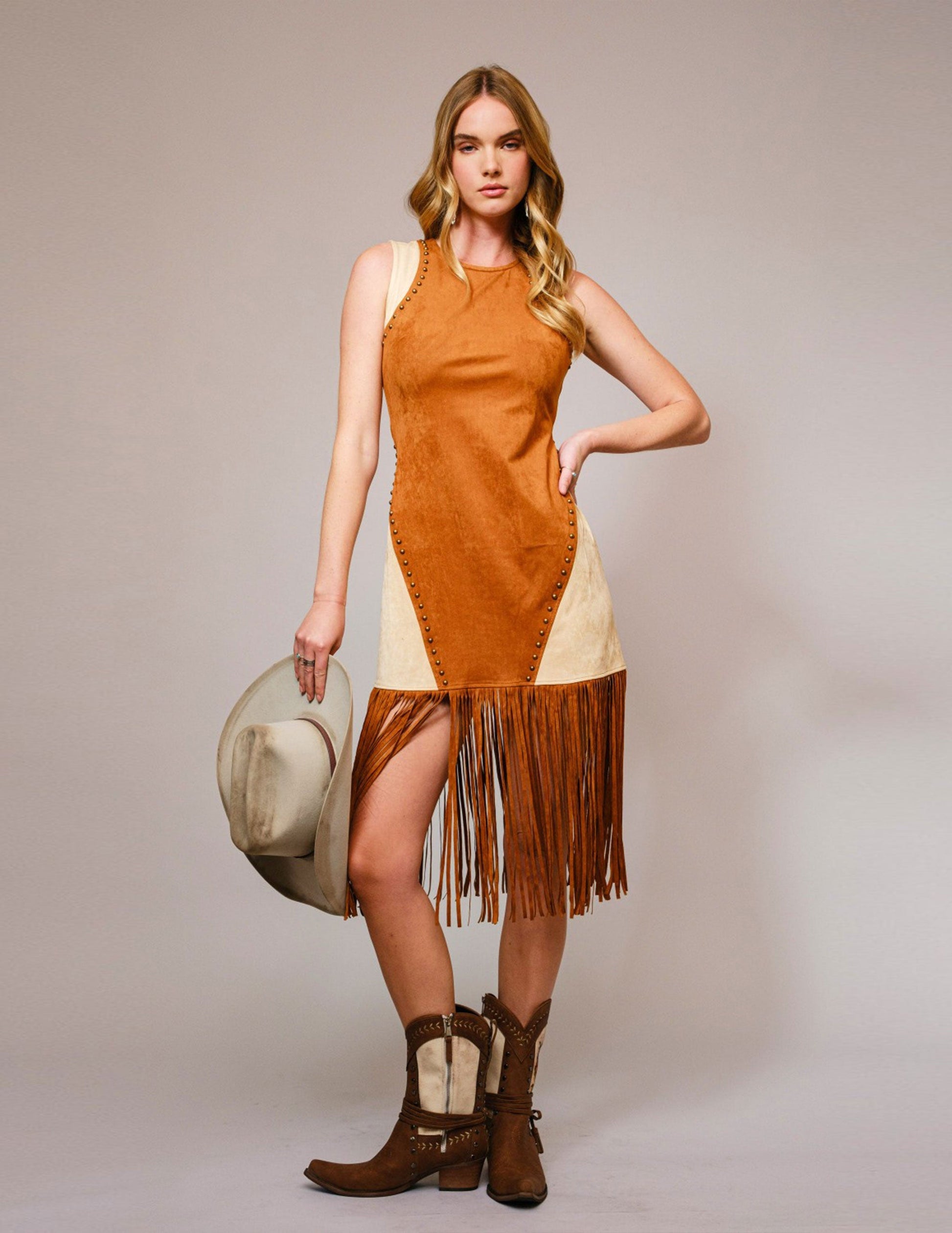 Two Tone Suede Studded Fringe Midi Dress - DRESSES Item Subclass