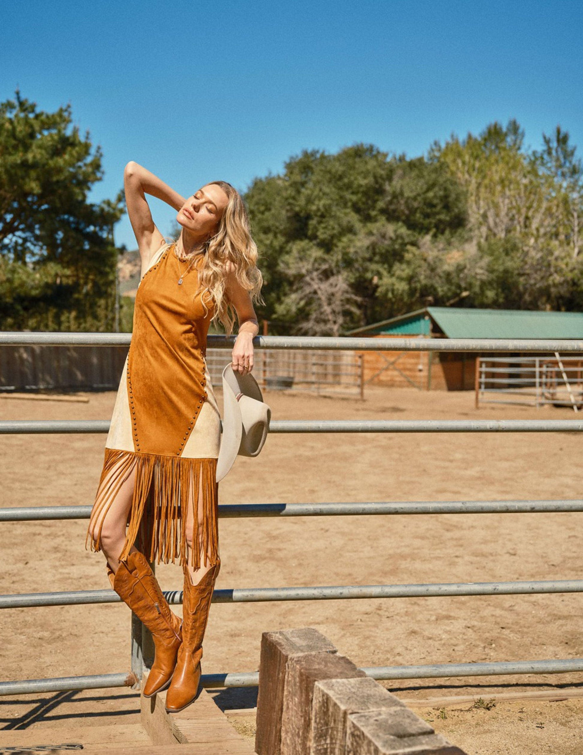 Two Tone Suede Studded Fringe Midi Dress - DRESSES Item Subclass