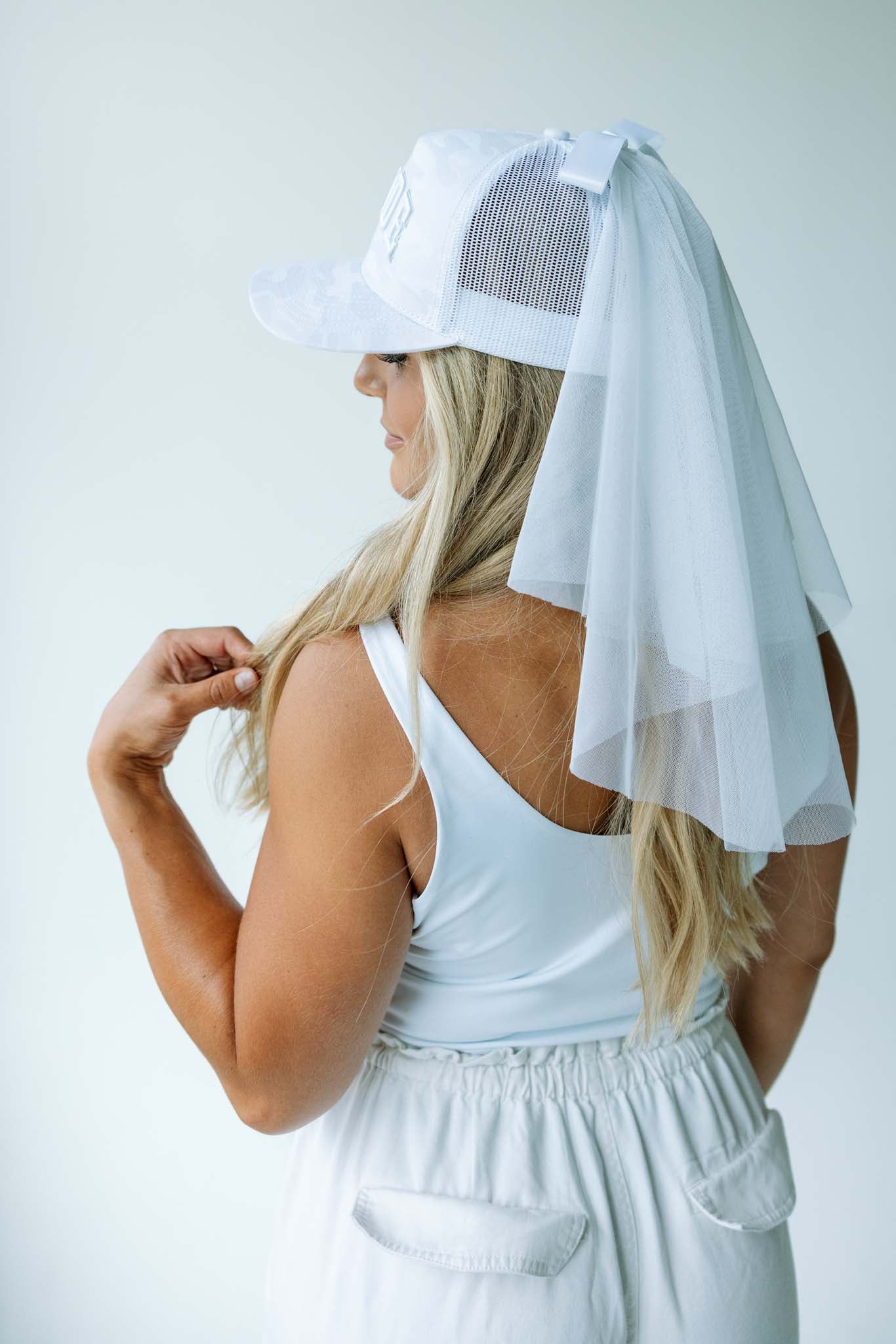 White Camo Bride Trucker Hat with Removable Veil - HATS