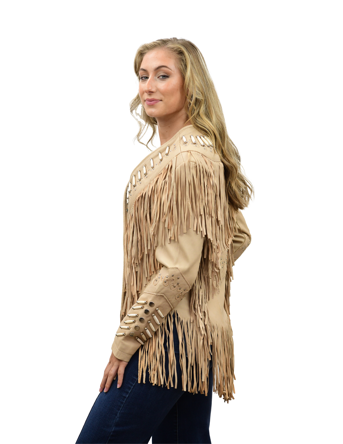 Womens Fashion Cream Fringe Jacket - OUTERWEAR