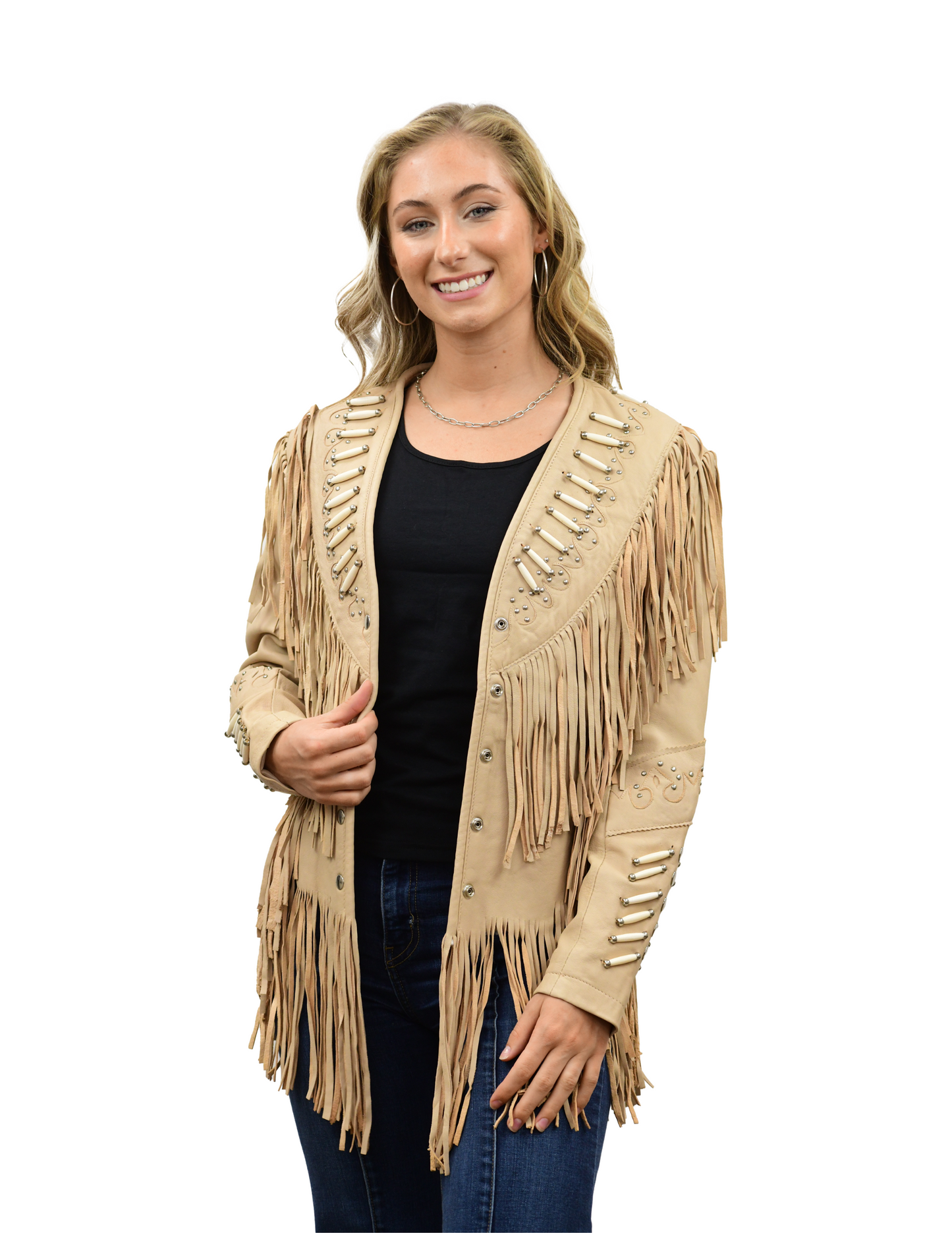 Womens Fashion Cream Fringe Jacket - OUTERWEAR