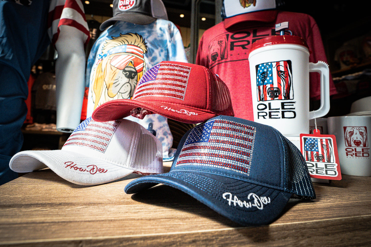 Americanan flag bling hats and other merch in a patritic theme