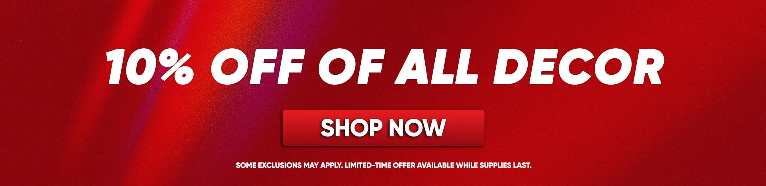 10% off all decor red banner with white text and button.