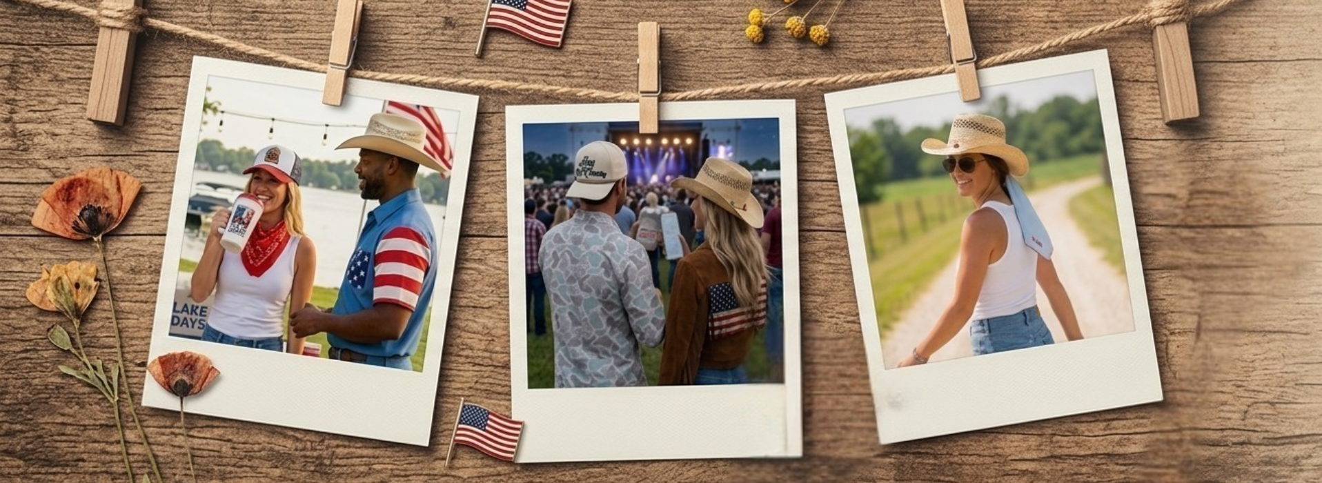 Three Polaroid-style photos of people on a wooden surface with clothespins.