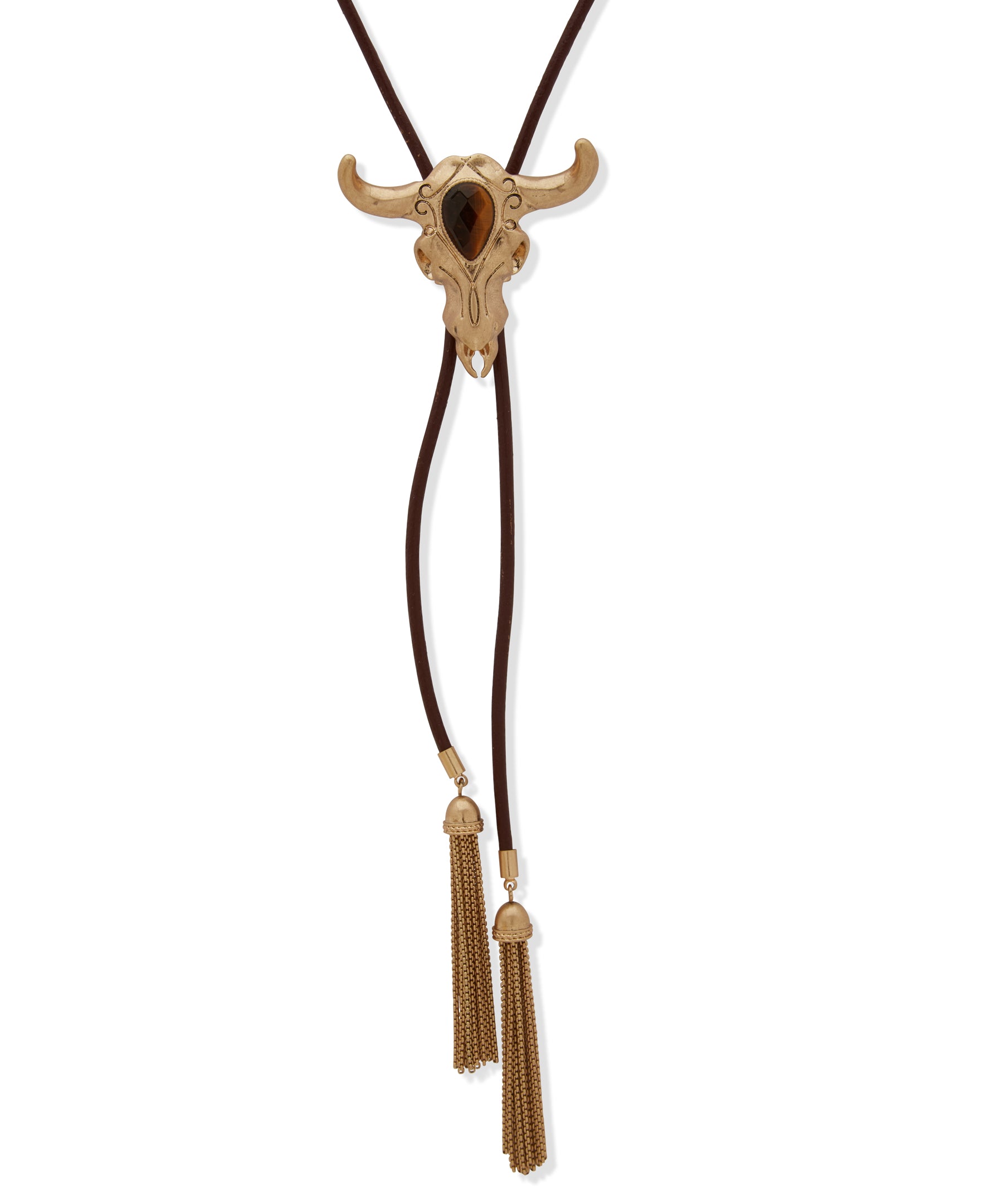Bolo tie with bull skull design on a white background