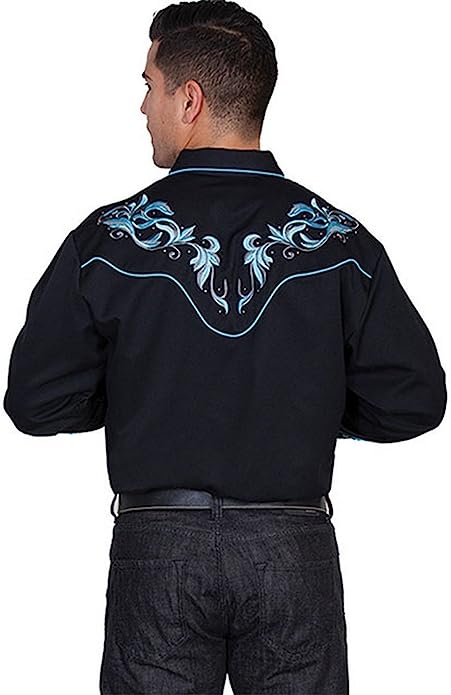Men's Blue Leaf Embroidered Western Snap Shirt