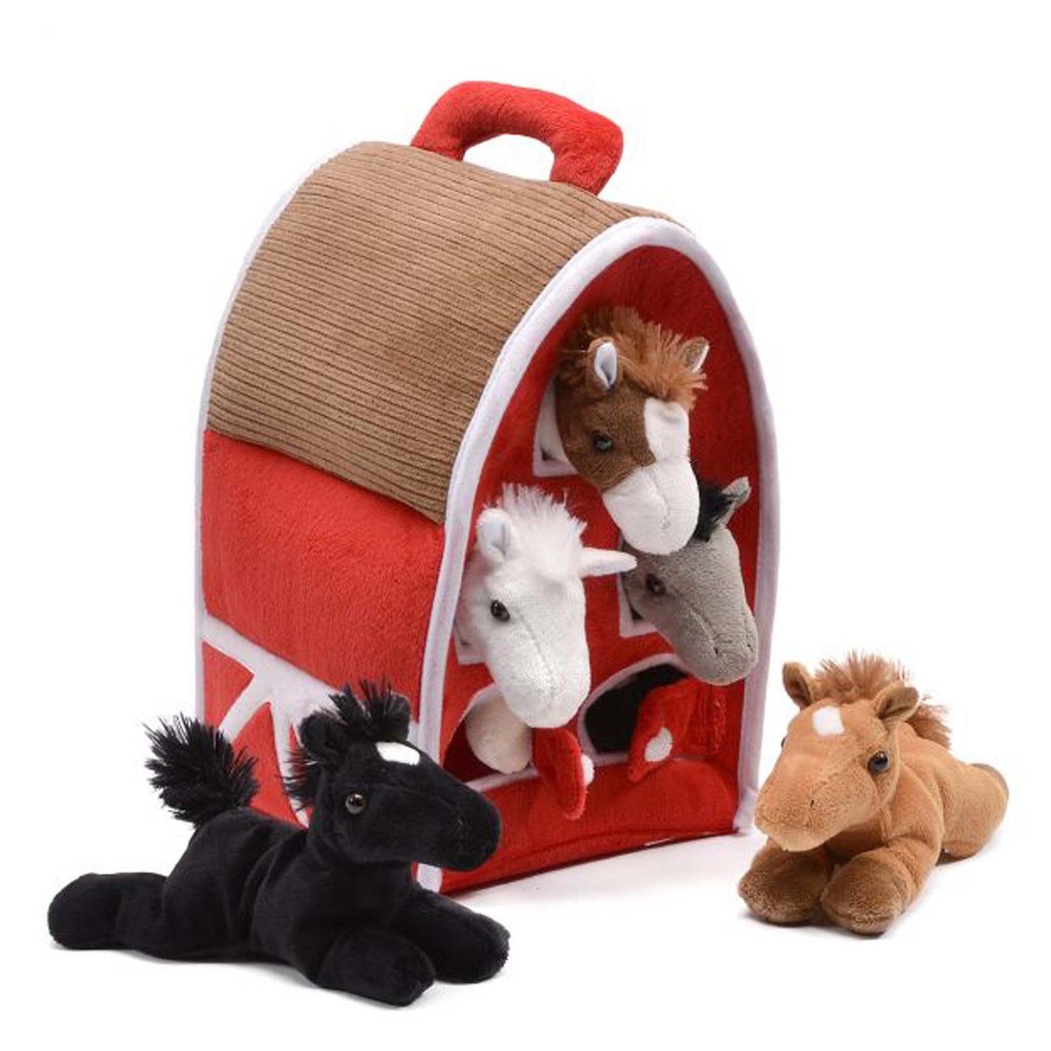Plush Red Horse Barn With 5 Stuffed Animals