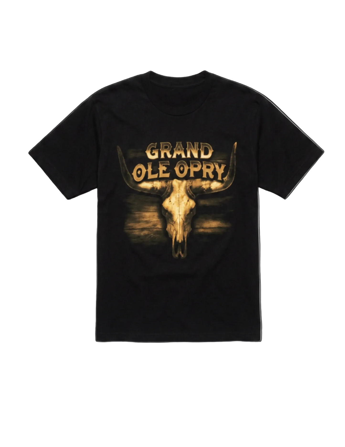A black short-sleeve t-shirt with a graphic print featuring a bull skull and the text 'GRAND OLE OPRY' in a distressed gold font, displayed against a plain white background.