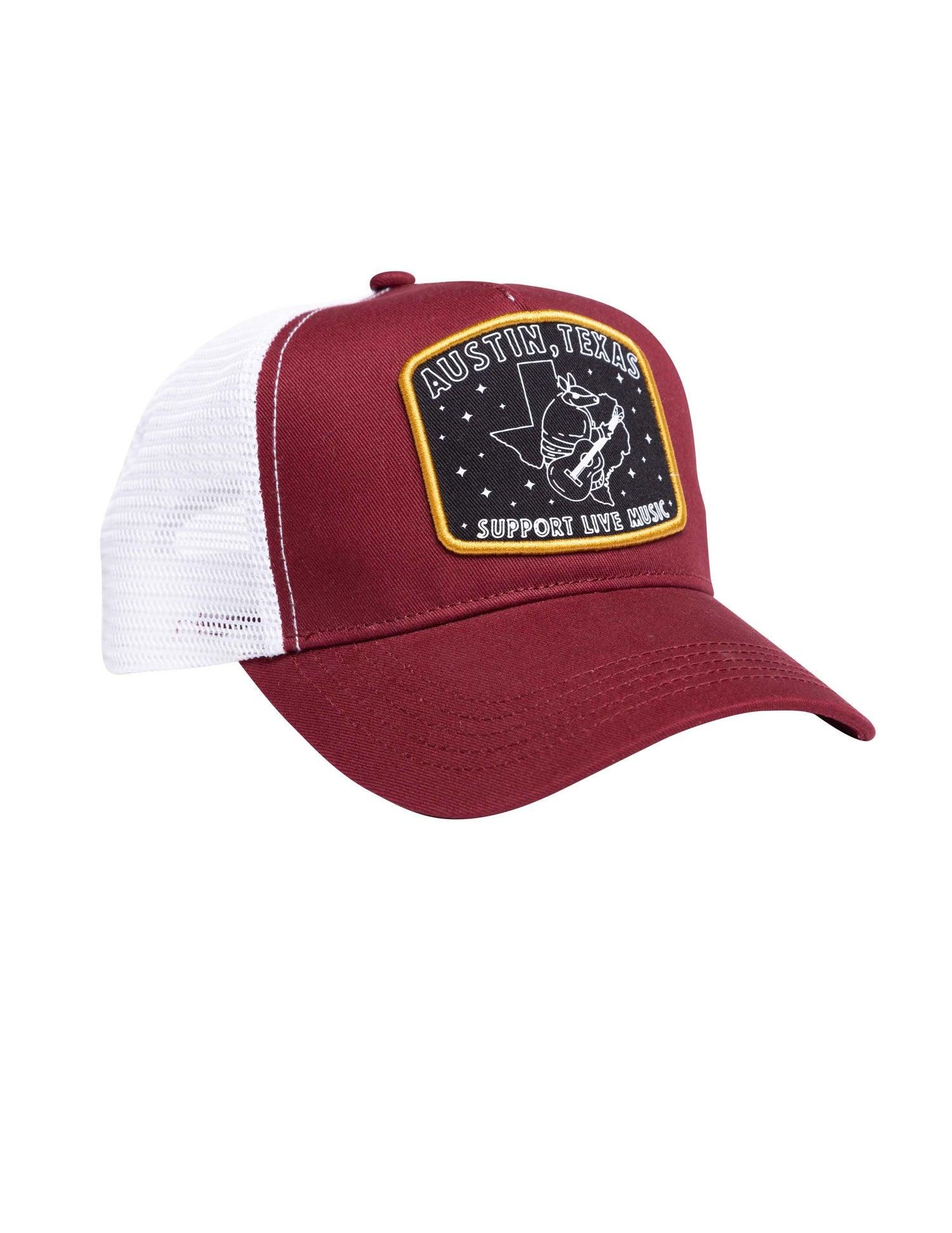 Austin Texas Armadillo Playing Guitar Patch Hat