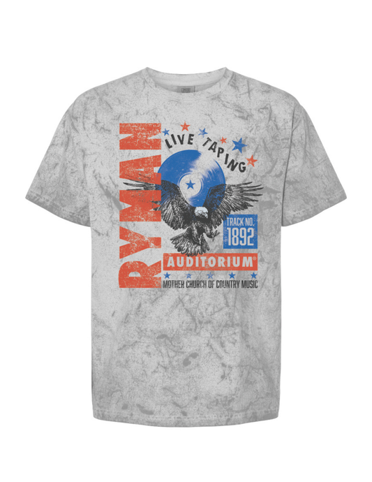 Gray t-shirt with eagle graphic and text on a white background