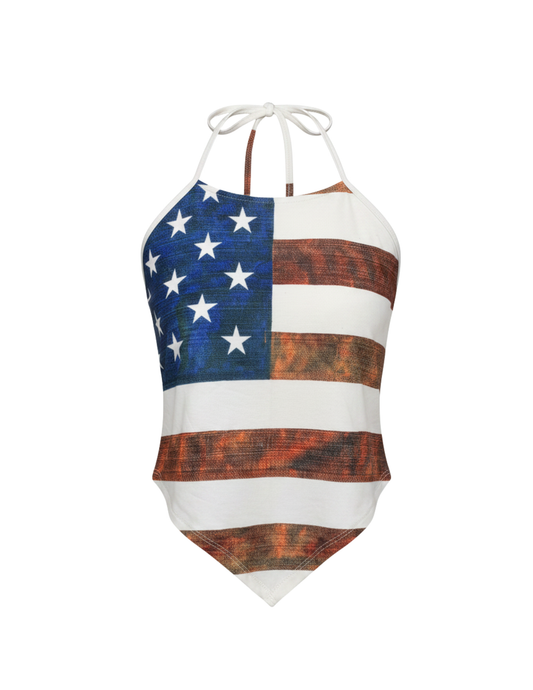 Distressed Flag Halter Tie Top - RWB / SM/MD - CROPS