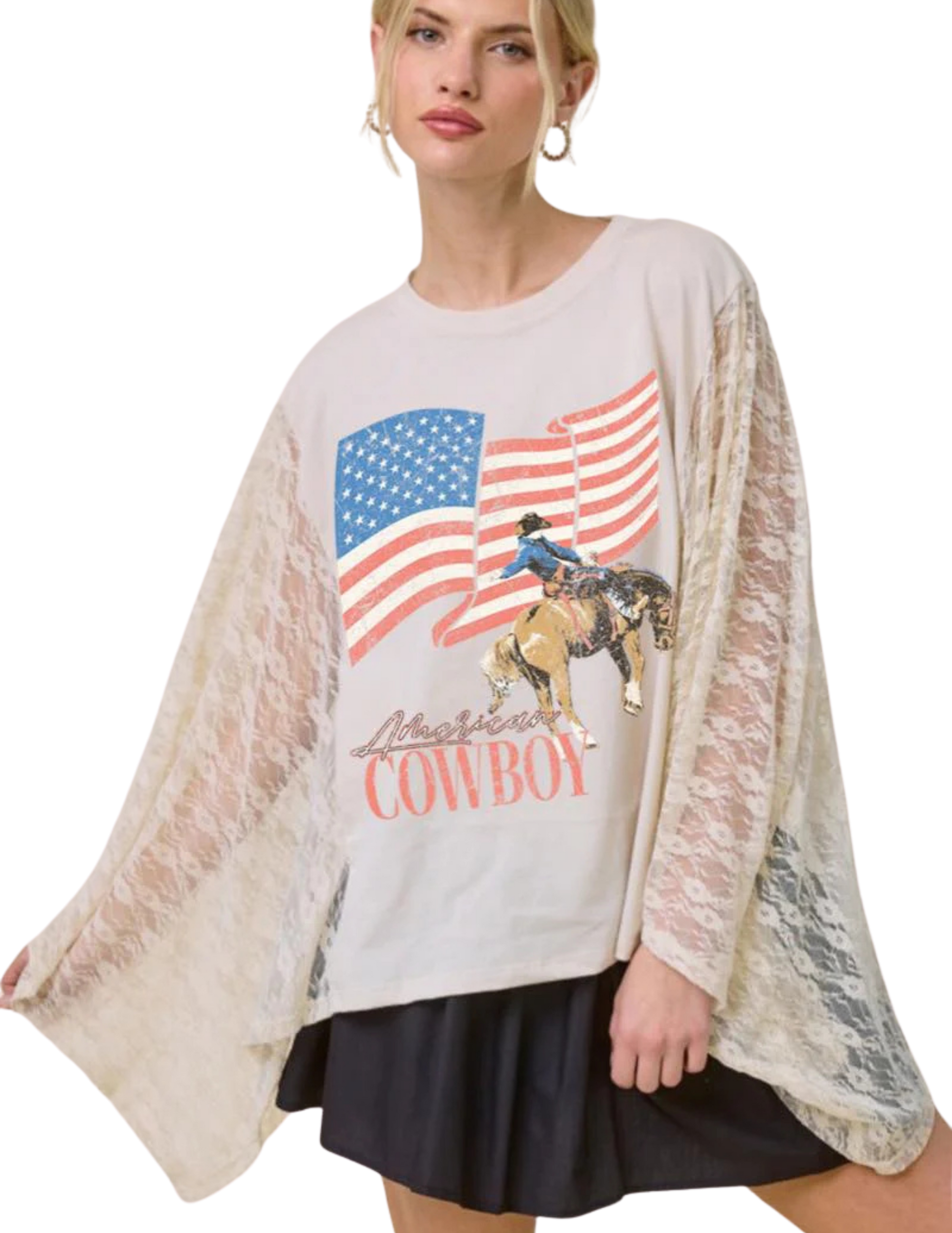 American Cowboy Lace Kaftan Sleeve Top - CREWS